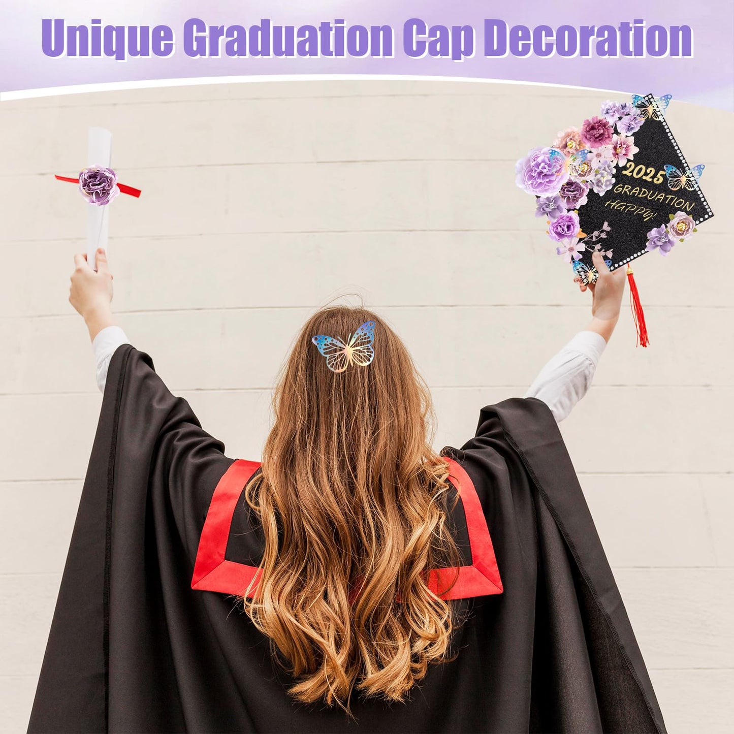 DIY Graduation Cap Decoration Kit, Purple Grad Cap Topper Supplies with Faux Flowers, 3D Butterflies, Rhinestones, Pearl Stickers, Alphabet Stickers and Glitter Paper for 2025 Graduation Party Decor