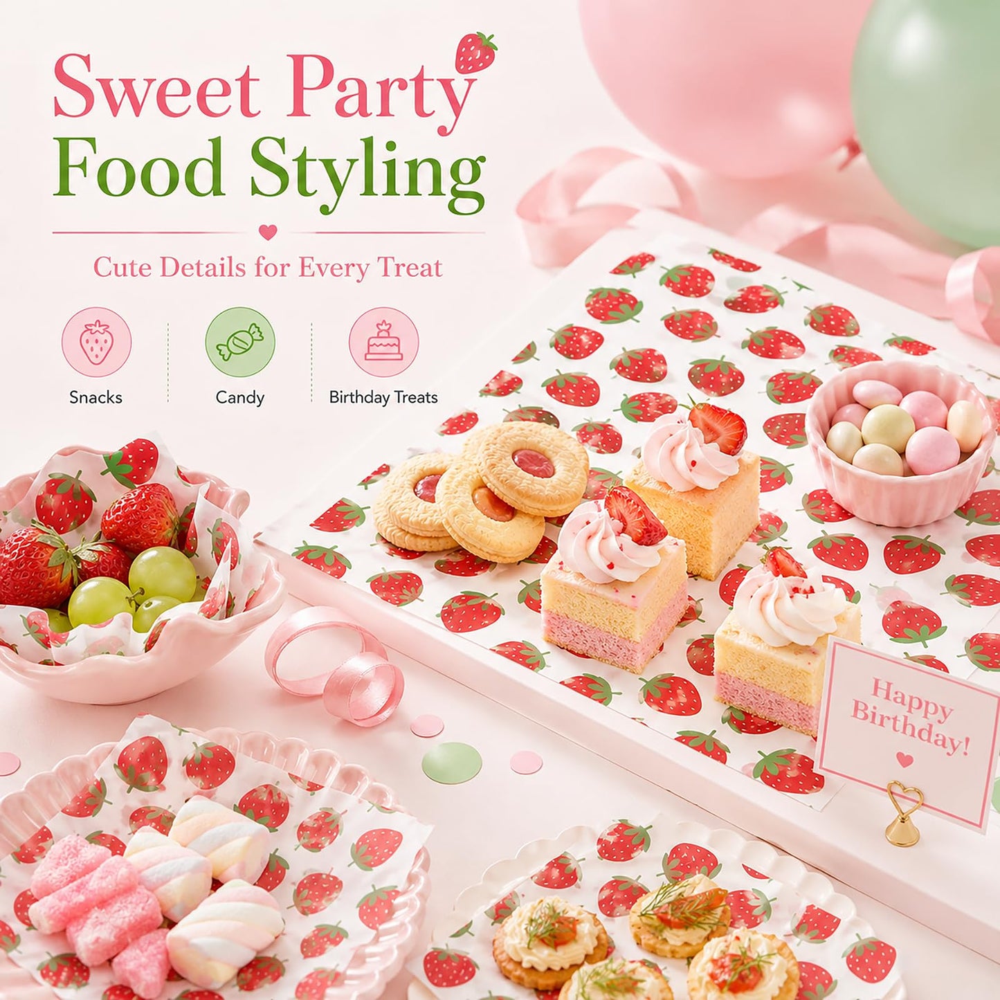 150 Sheets Strawberry Wax Paper for Food Deli, 9.8 x 8.3'' Preppy Strawberry Patterns Greaseproof Sandwich Wrapping Paper for Picnic Basket Liner Summer Birthday Party Supplies