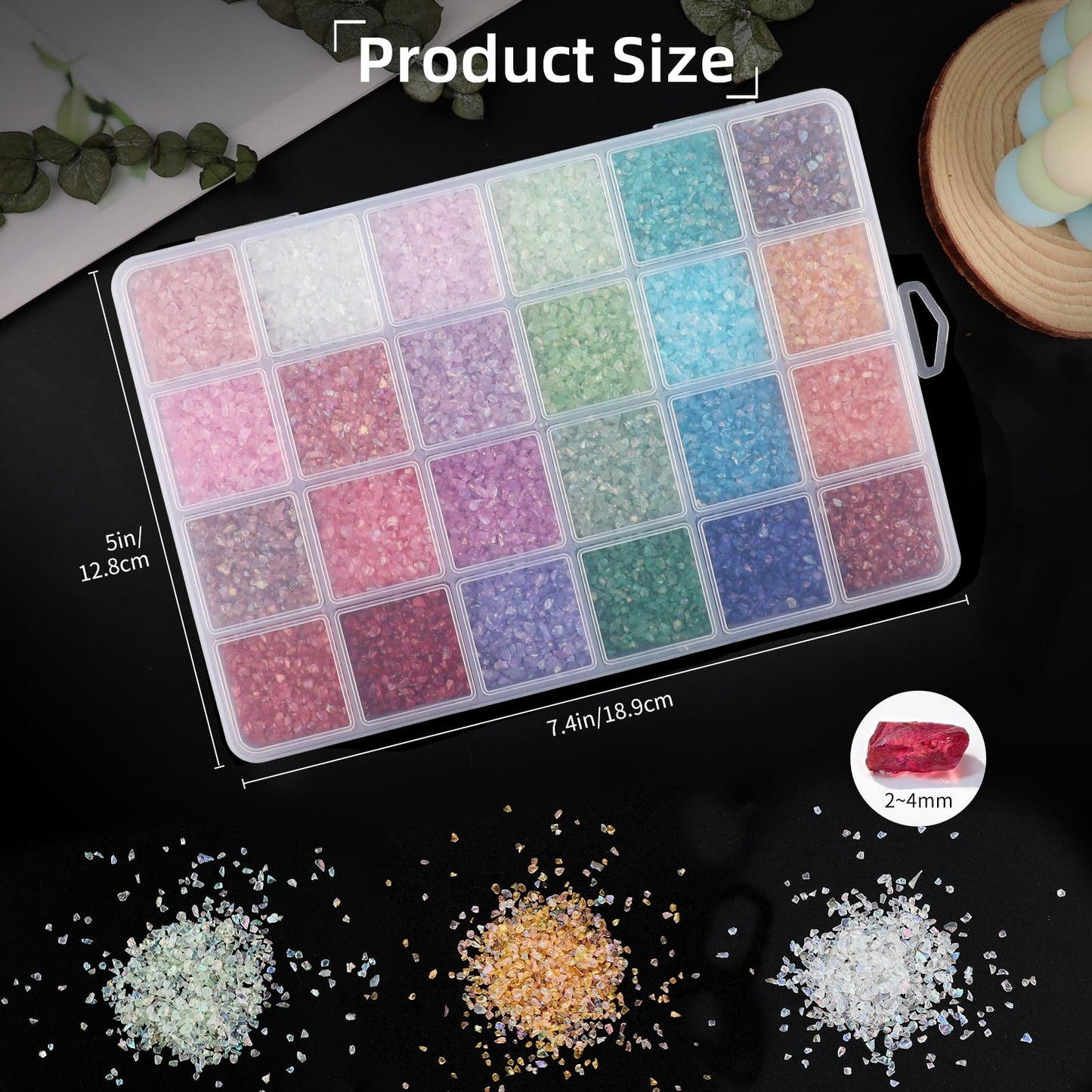 24 Colors Iridescent Crushed Glass Craft Glitter 240g,2-4mm Craft Small Broken Glass Pieces Irregular Metallic Crystal Chips Chunky Flakes Sequins for Resin Art, Epoxy Jewelry, Nail Art, Vase Filler