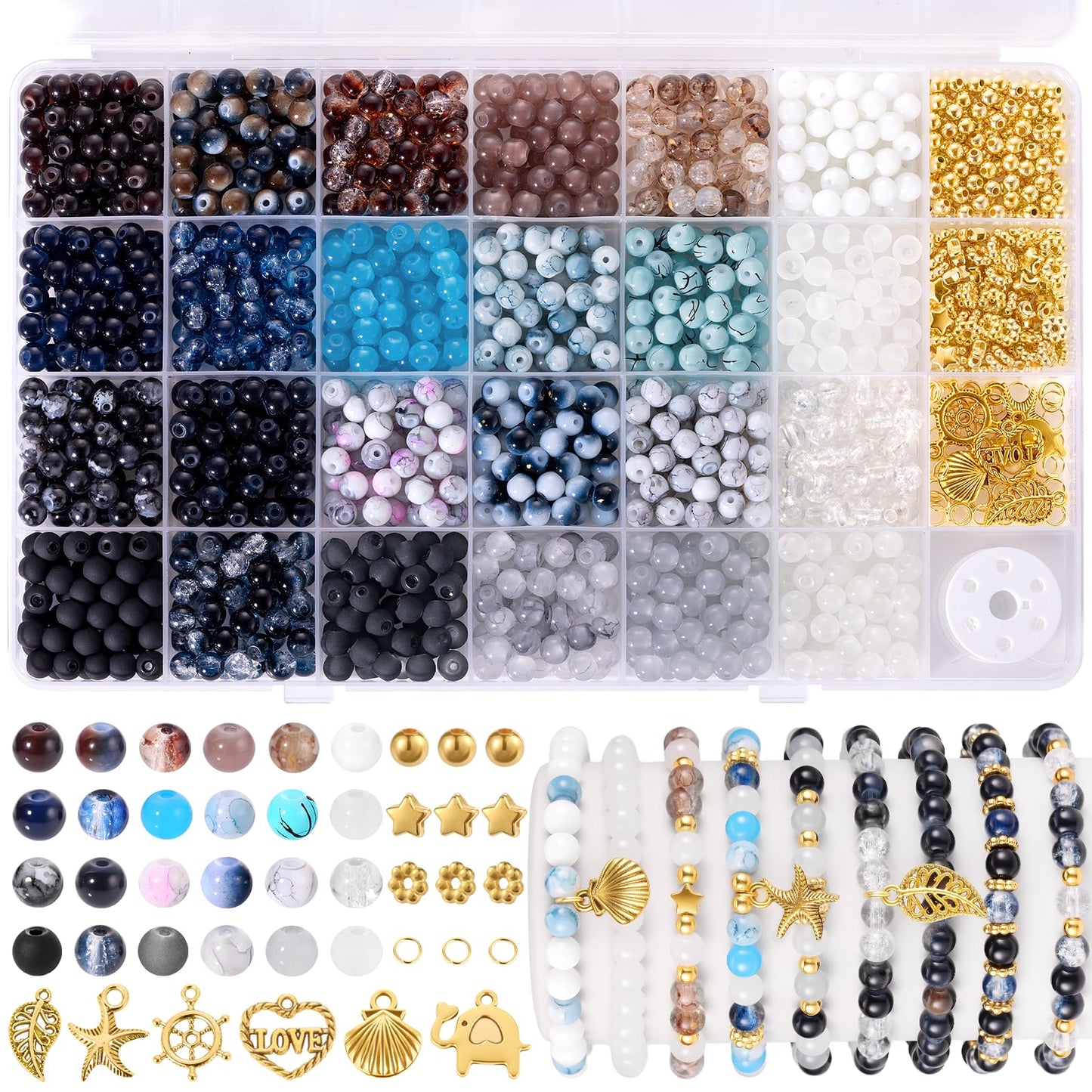 Funtopia Glass Beads for Jewelry Making, 1377pcs Neutral Tones Bracelet Making Kit, 24 Colors 6mm Round Glass Beads, Marble Loose Beads and Gold Spacer Beads, DIY Crafts Gifts for Women Men