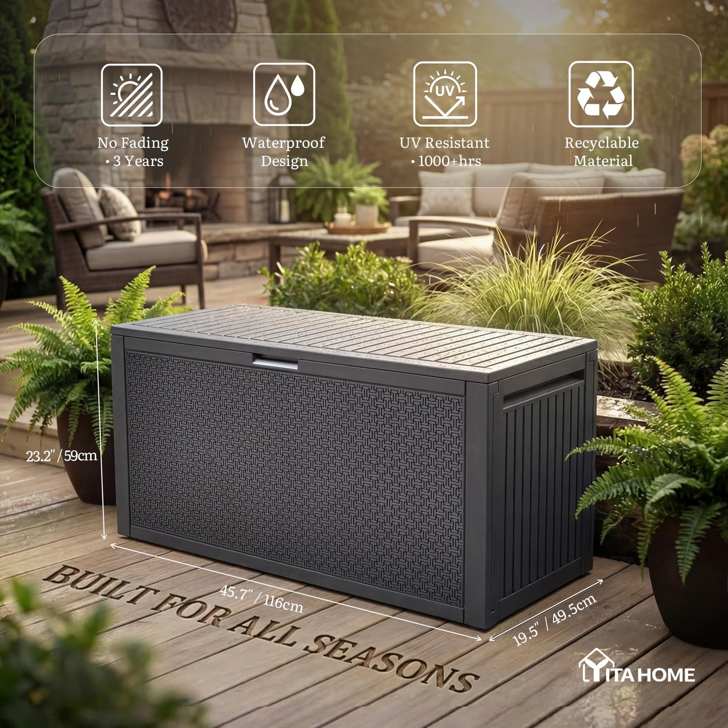 YITAHOME 90 Gallon Outdoor Storage Deck Box, Waterproof Resin Deck Box w/Handles, Lockable Outdside Deck Box for Patio Furniture, Garden Tools, Lockable & UV Resistant(Dark Gray)