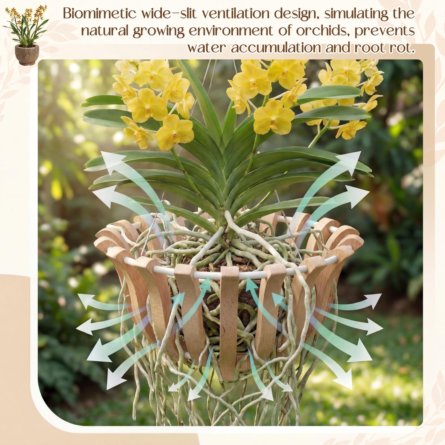 Ferrochef 2 Sets Rustic Orchid Pots with Holes, Orchid Hanging Planter with Hangers, Wooden Lotus Flower Shape 10 & 8 Inch Specialist Hanging Baskets for Outdoor Patio Garden
