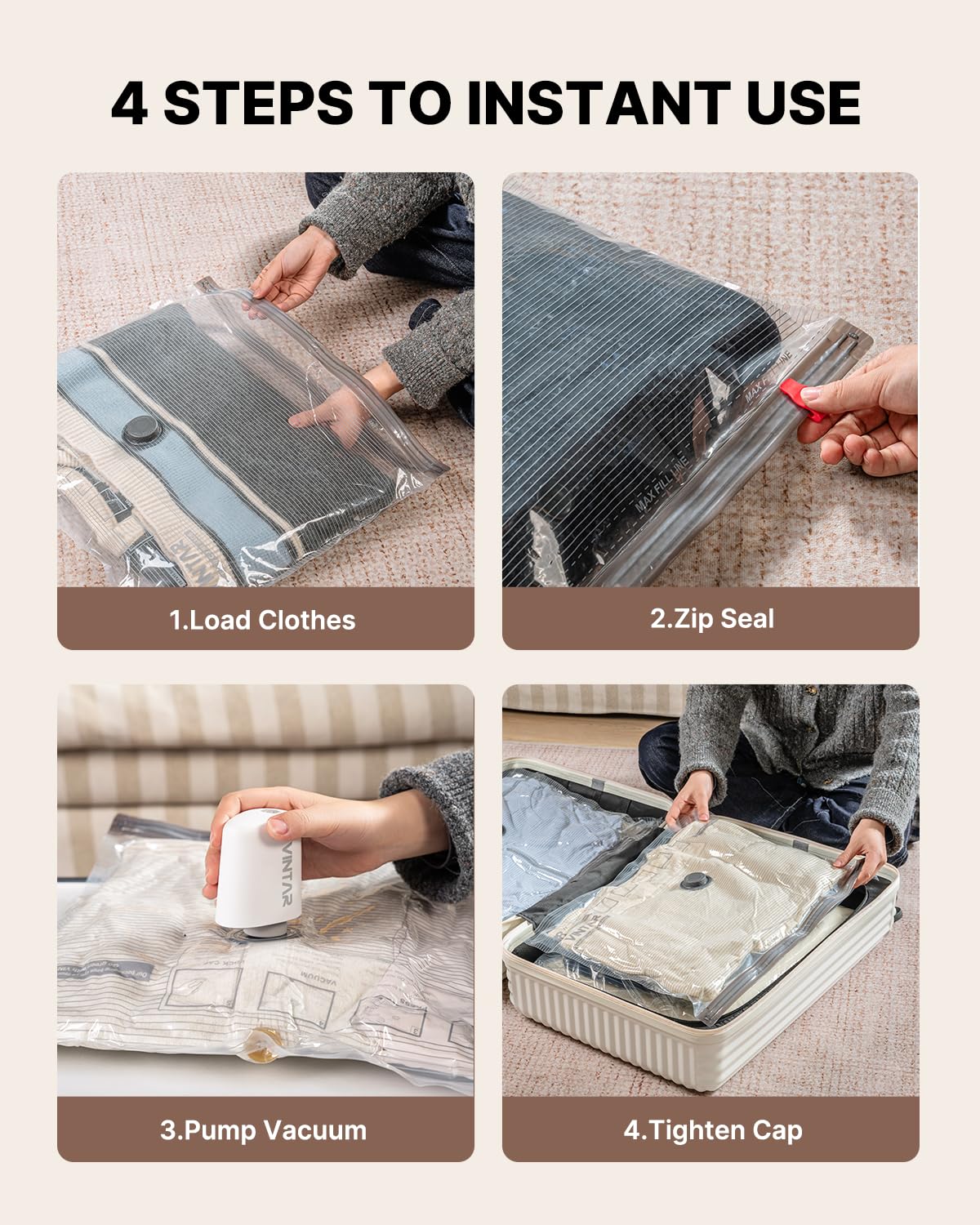 Travel Vacuum Seal Bags for Clothing with Rechargeable Cordless Pump, VINTAR 16 Pack (4J+4L+4M+4S) Carry-on Size Space Saver Vacuum Storage Bags, Compression Packing Bags for Luggage and Suitcase