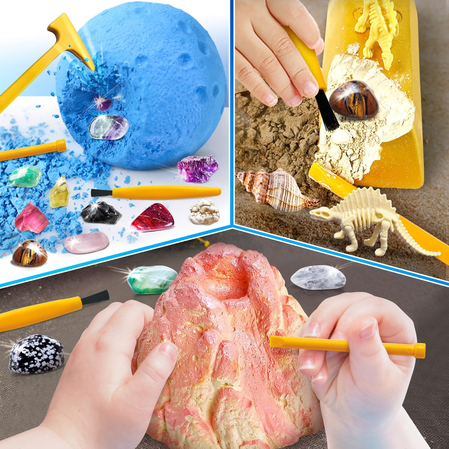 UNGLINGA Gemstone Excavation Gem Rock Dig Science Experiments Kit for Kids, Excavate 15 Gems and 4 Plastic Dinosaur Fossil Skeletons, Christmas Birthday Toys Gifts Idea for Girls and Boys