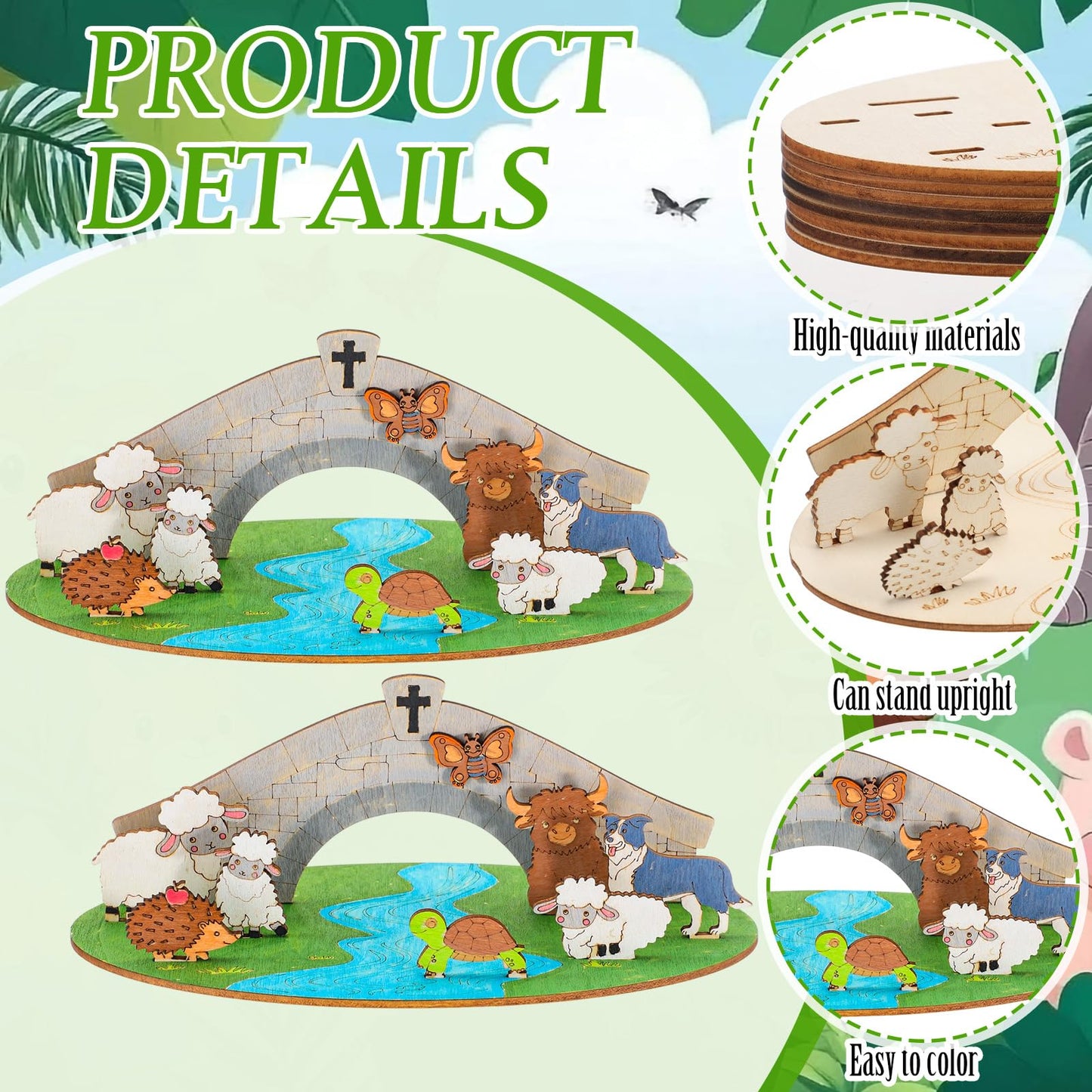 DoubleFill 12 Set 2026 Vbs Crafts for Classroom DIY Emerald Cross Themed Craft Kits Farmhouse Animals Wooden Cutouts Kit Country Animal Multi-Layer Crafts for Sunday School Church Bible Decor