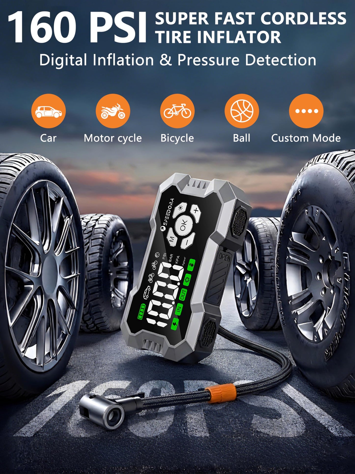 Jump Starter with Air Compressor, SPEEDORA 8000A Portable Car Battery Jump Starter for (All Gas/12L Diesel Engines), 160PSI Tire Inflator, 3.3" Screen,600LM Light, Jumper Cables,12V Car Booster Pack