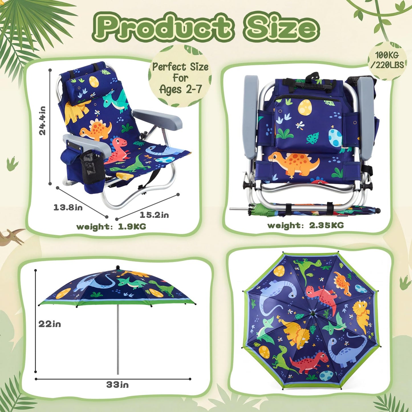 Yalikop Kids Beach Chair with 4 Positions Seaside Beach Chair with Umbrella Kids Folding Camping Seating for Boy Girls Children Sand Camping Travel Outdoor Summer Supply(Dinosaur Theme)