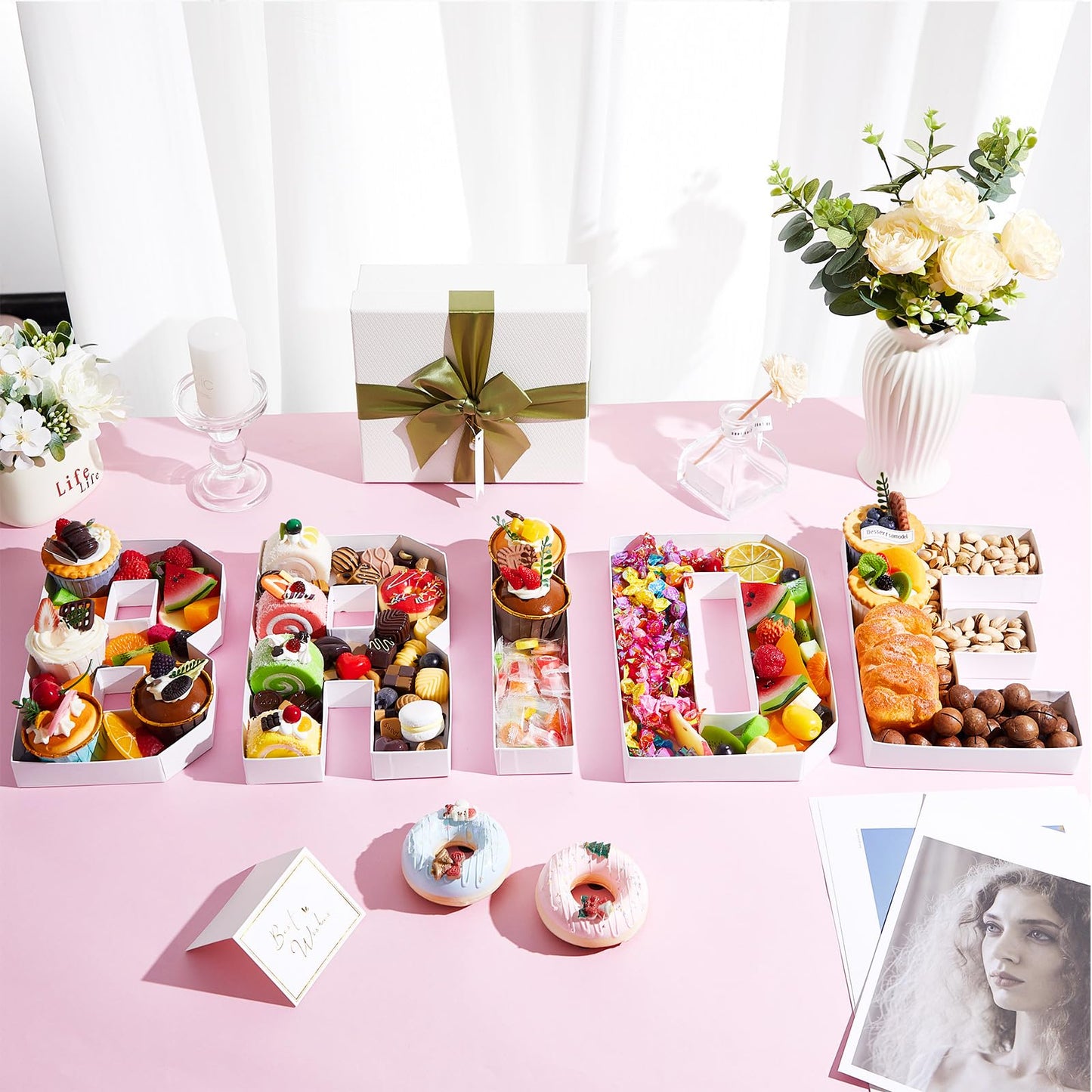 DoubleFill 5 Pcs Bride Charcuterie Letters Fillable, No Assembly Required Charcuterie Board Box Letter for Baby or Wedding Bridal Shower Food Trays Decorations, 10 x 8.27 x 1.18 Inch