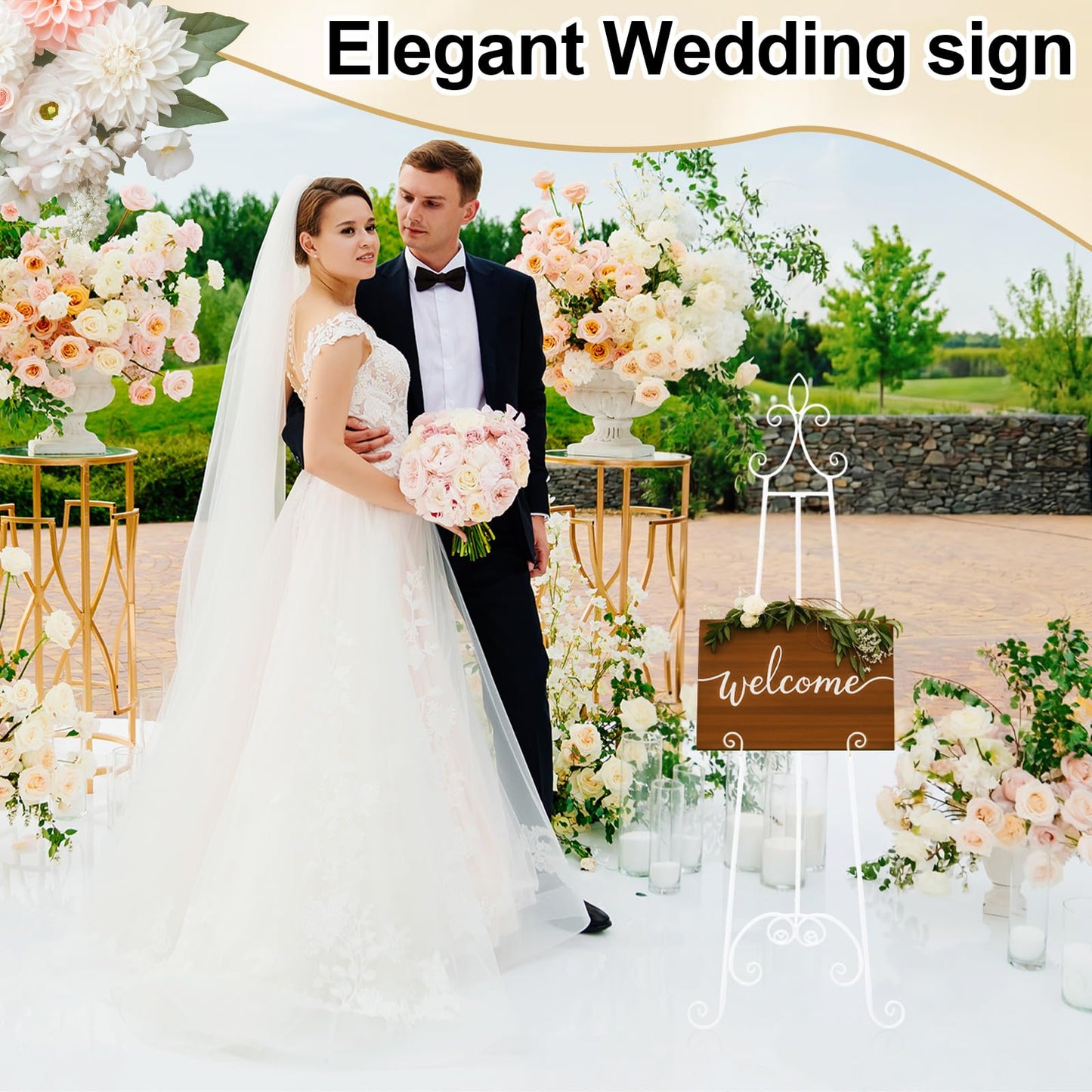 Tosstuki White Easel Stand for Sign Adjustable Wedding Welcome Sign Stand Metal Floor Easel with Chain Support for Wedding Poster Photo Art Pictures Painting Display (61 Inch)