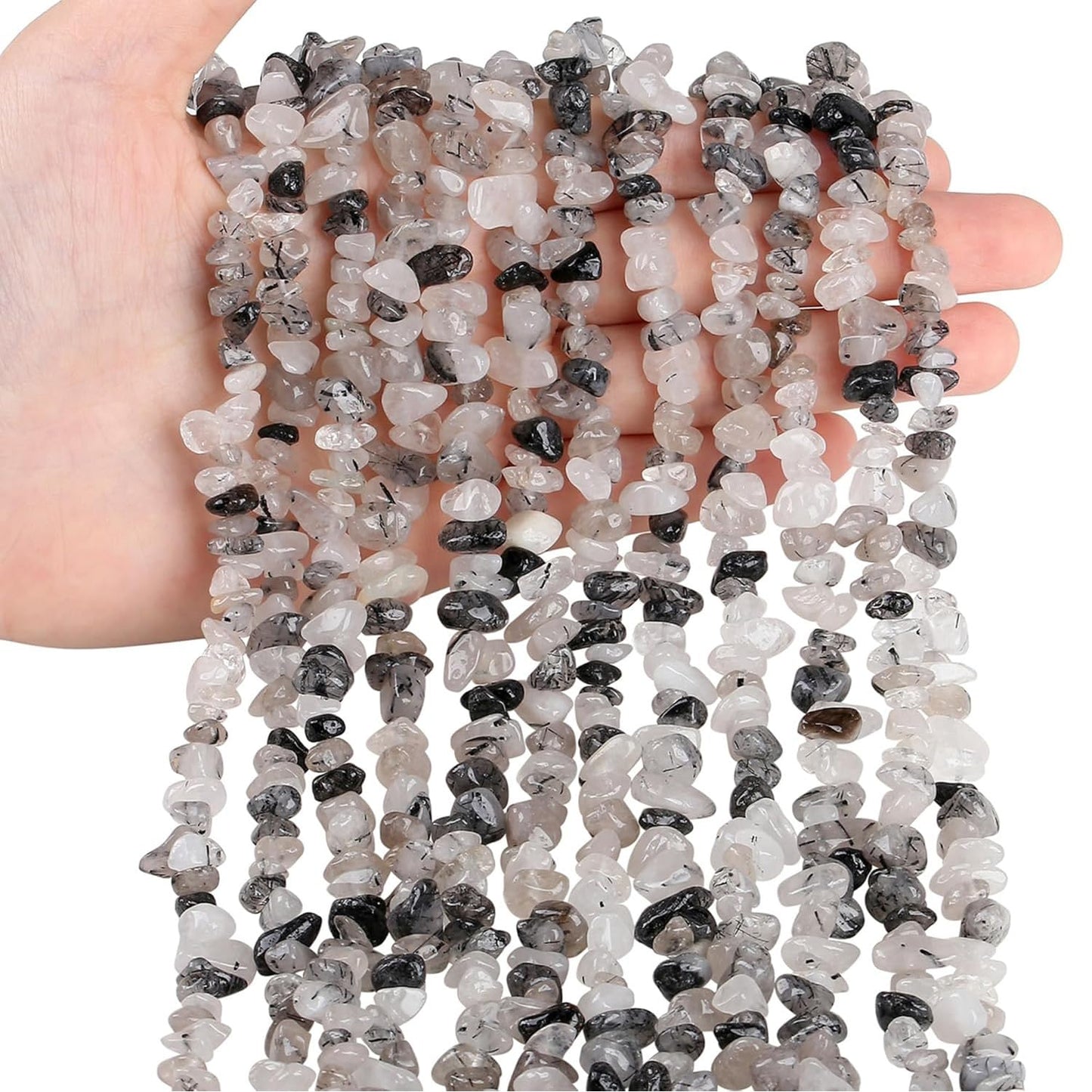 Natural Chip Stone Beads 450pcs Black Rutilated Quartz Chips 5-8mm Genuine Irregular Healing Crystal Rocks Hole Drilled DIY Loose Gemstone Beads for Jewelry Making Bracelet Earrings Necklace Crafting