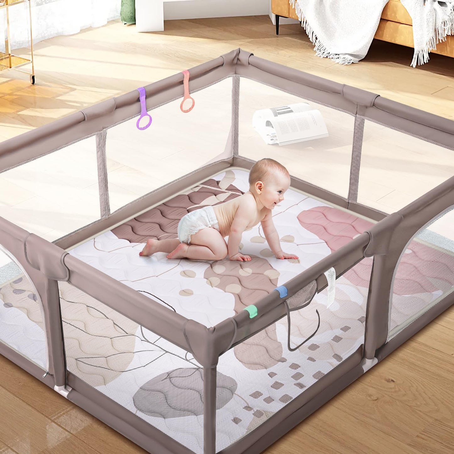 Baby Play Mat for Floor 50'' x 50'', Thicken Soft Padding Playmats for Playpen, Non Slip Baby Crawling Mat Foldable, Easy Care Machine Washable