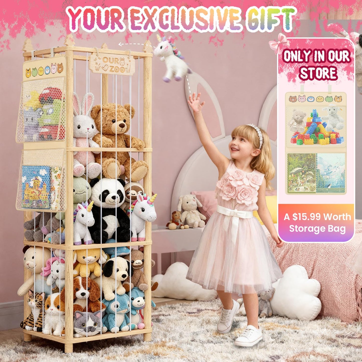 ZEQON Stuffed Animal Storage - Large Wooden Toy Storage Organizer with 1 Removable Hanging Storage Net, Plush Toy Organizer for Kids' Rooms, Bedroom, Playroom or Nurseries
