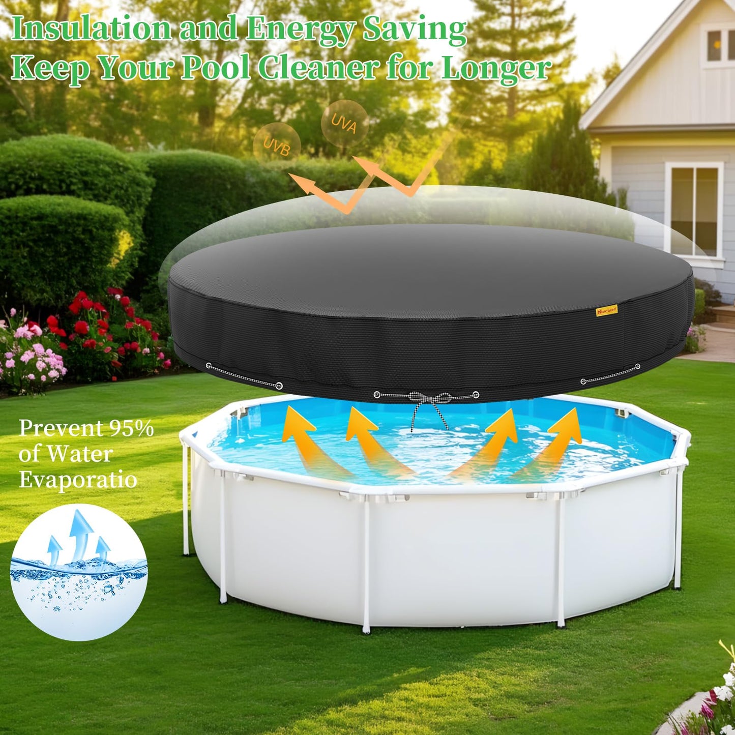 10Ft Round Pool Cover,Heavy Duty Waterproof Round Pool Covers for Above Ground Pools with Ground Nails and Windproof Ropes,Increase Stability&Tear-Resistant, Waterproof and Dustproof, Black