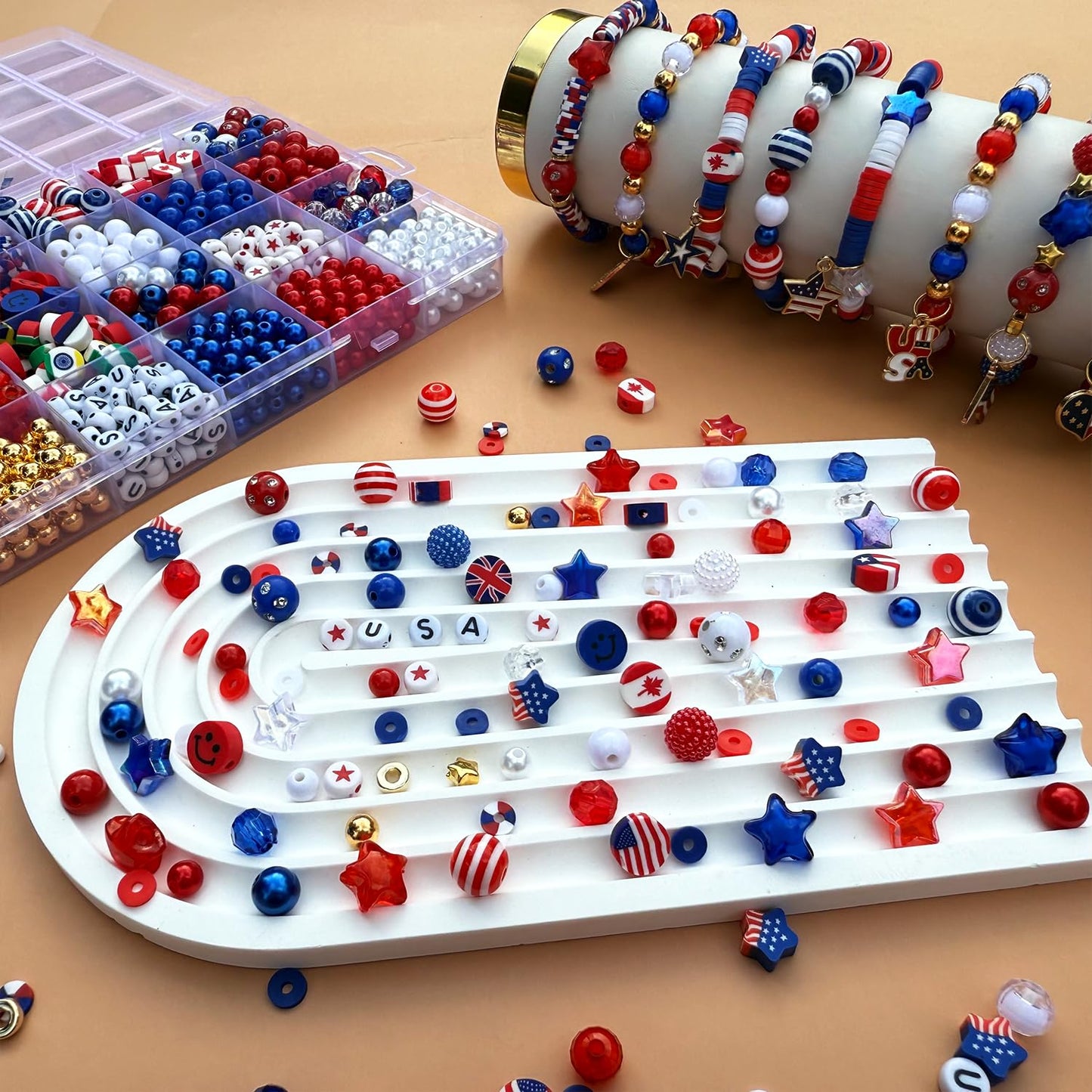 2100Pcs 4th of July Patriotic Beads Kit, Independence Day Bead Red White and Blue Polymer Clay Beads for Bracelets Jewelry Making Acrylic Round Star Letter Loose Beads with USA Patriotic Star Charms