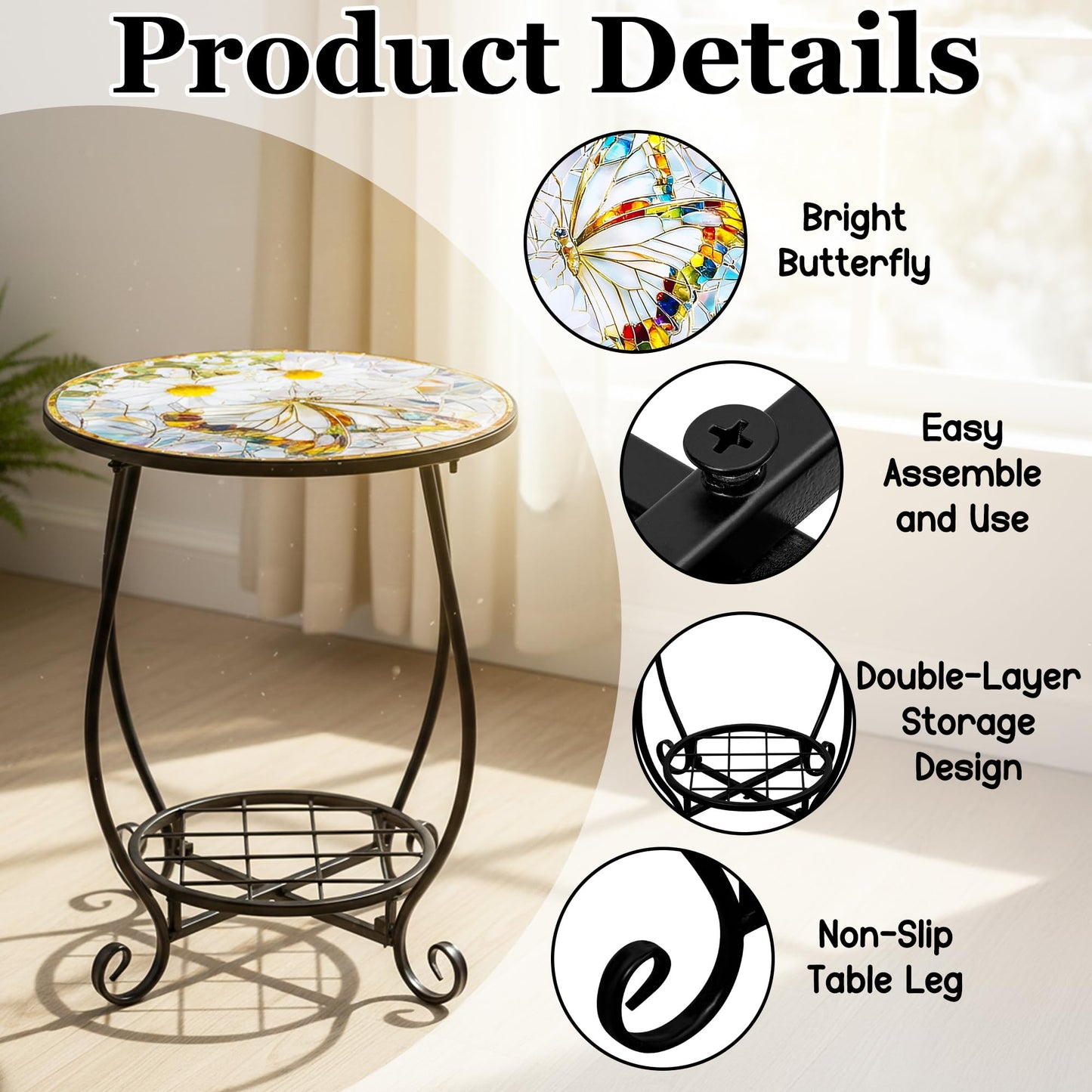 GQIRIL Outdoor Patio Side Table - 14" Metal Small Round Coffee Tables, Flower Butterfly Style Accent Stand End Snack Desk for Indoor Outside Balcony Yard Porch Bedside Poolside Garden Home Decoration