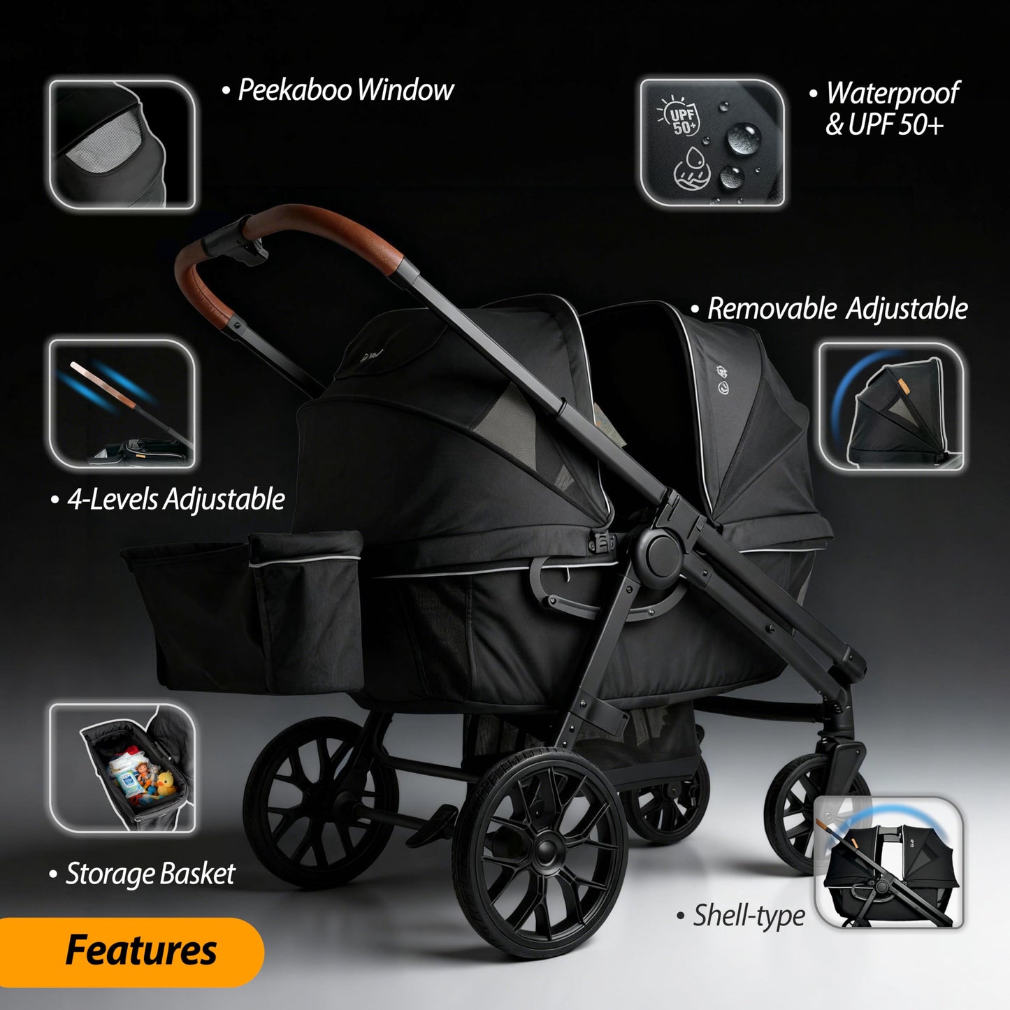 Wagon Stroller for 2 Kids, All-Terrain with Removable UV-Protection Canopy , Adjustable Push/Pull Handle, Snack Tray & Cup Holders, Perfect for Baby and Toddler（Black)