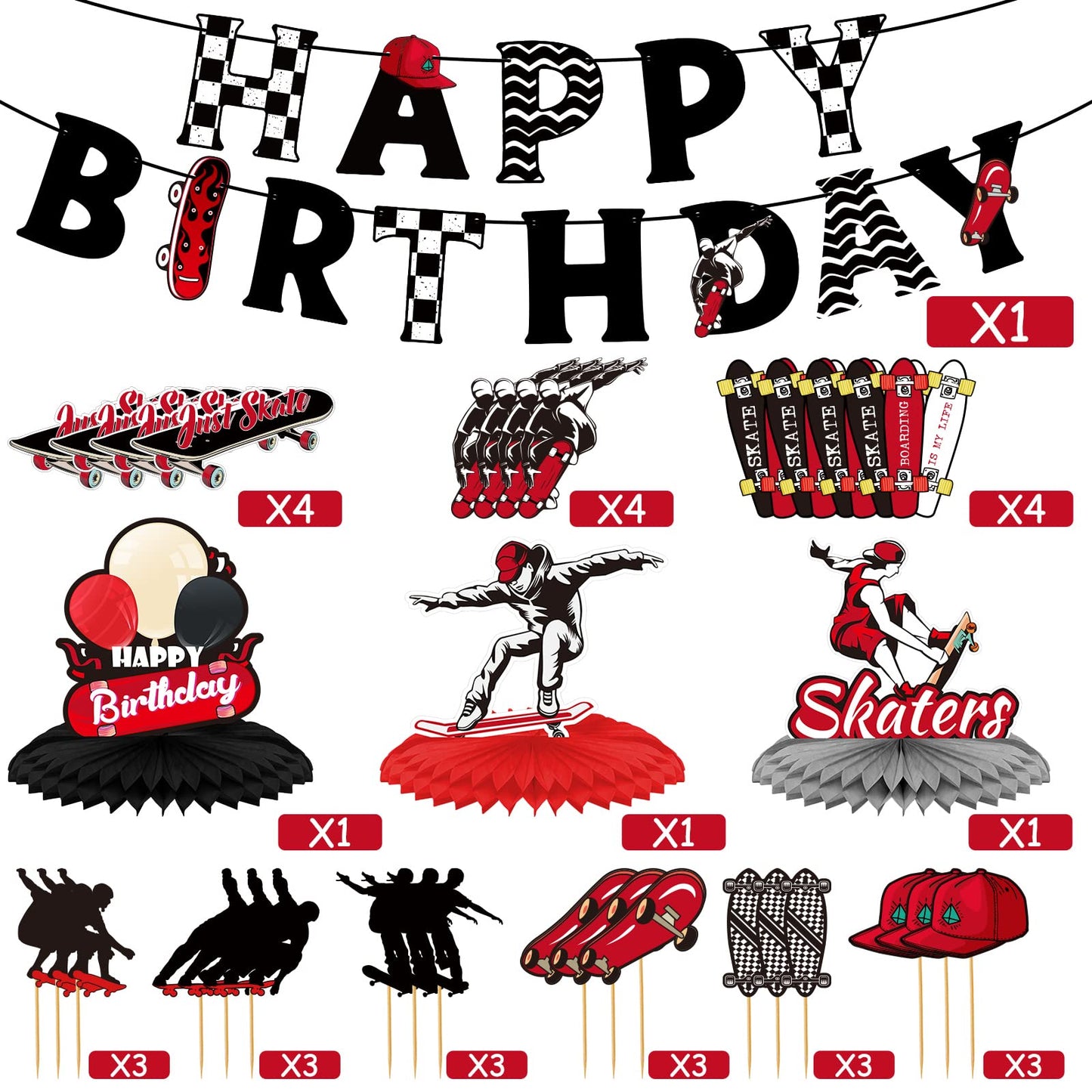 Outus 34 Pcs Skateboard Birthday Party Decorations Skater Party Supplies Skateboard Birthday Decorations Kit Banner Table Centerpieces Cupcake Topper Extreme Skateboarding Cool Decor for Skater Gifts