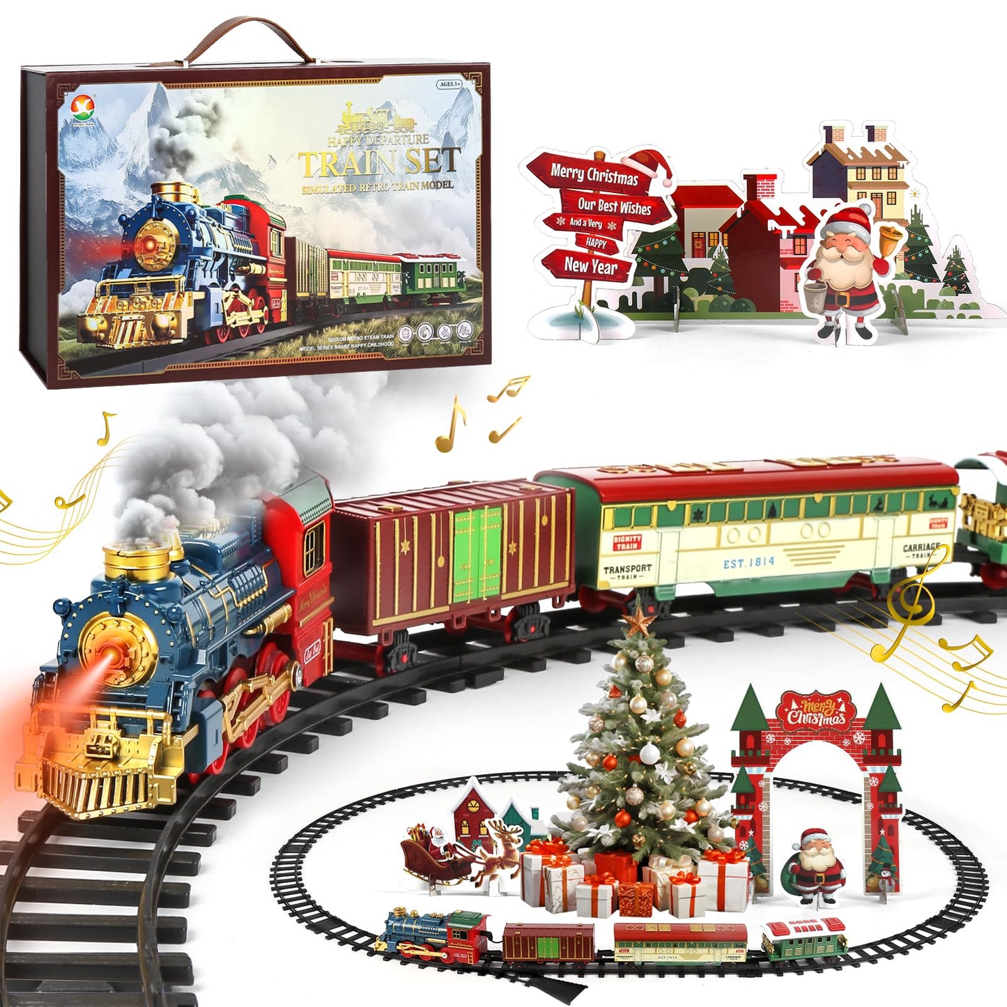 Christmas Steam Electric Train Set Gifts Box with Track, Lights, Music, Smoke, USB Rechargeable Battery,Includes Locomotive and Cars,Card Scene Setup, Under Christmas Tree, Holiday Toy for Kids Age 3+