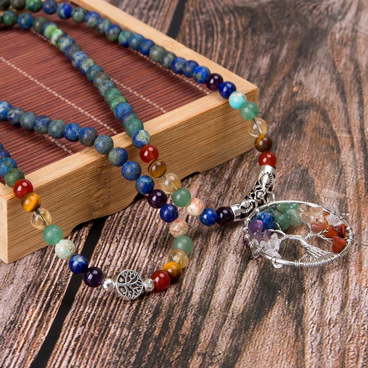 Bivei 108 Mala Beads Bracelet - 7 Chakra Life Tree Real Gemstone Yoga Meditation Mala Prayer Bead Necklace(Azurite Malachite Stone)