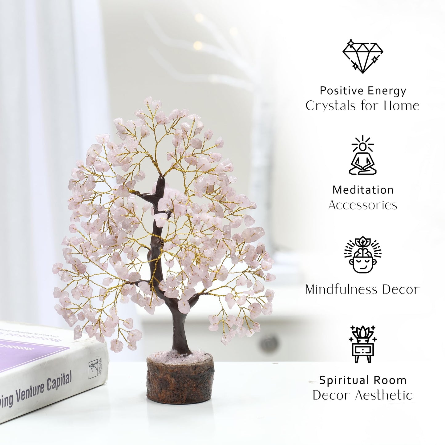 PYOR Rose Quartz Money Tree, Crystal Gifts, Rose Quartz Crystals, Fengshui Money Tree, House Warming Gifts New Home, Pink Office Supplies, Healing Crystals, Pink Room Decor for Women, Spiritual Decor