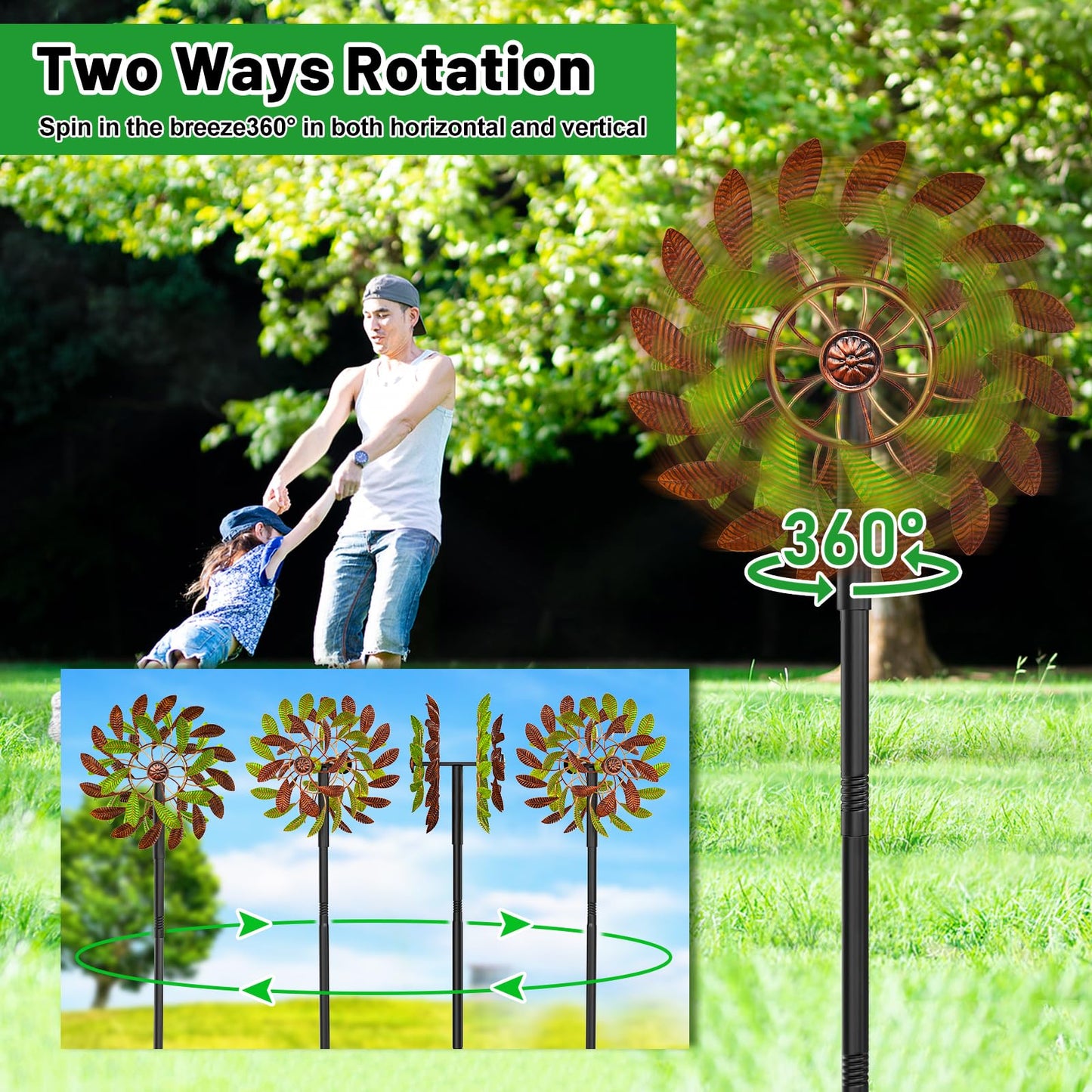 Metal Garden Wind Spinners Outdoor, 360 Degrees Kinetic Yard Windmills Garden Decor for Outside, Wind Sculptures & Spinners for Lawn Patio Ornaments(Brown+Green)