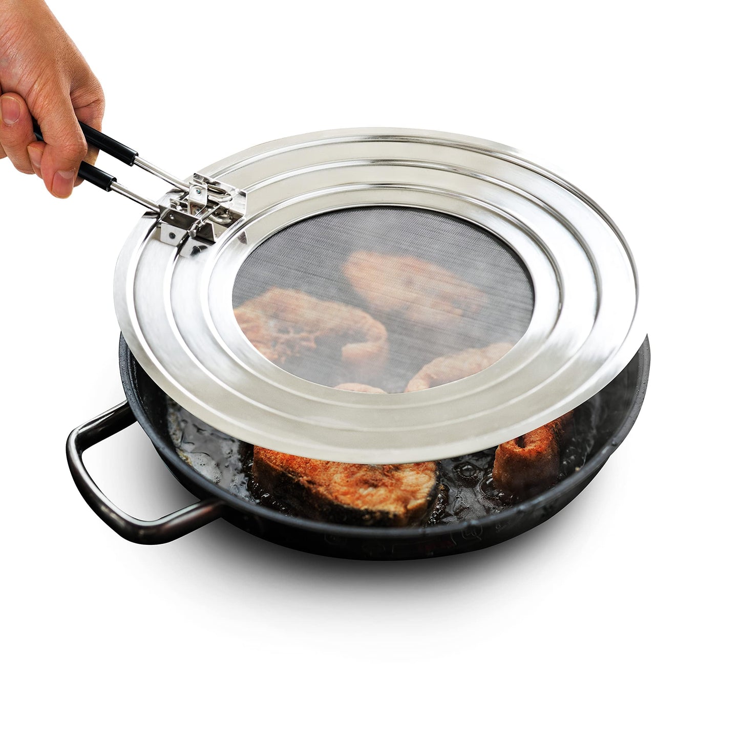 Dishwasher-Safe Splatter Screen Guard for Frying Pan Grease - Shields 99% of Stove Top from Bacon, Fry Oil, or Deep Fryer Splash - Easy Kitchen Storage Foldable Heat-Resistant Silicone Handle