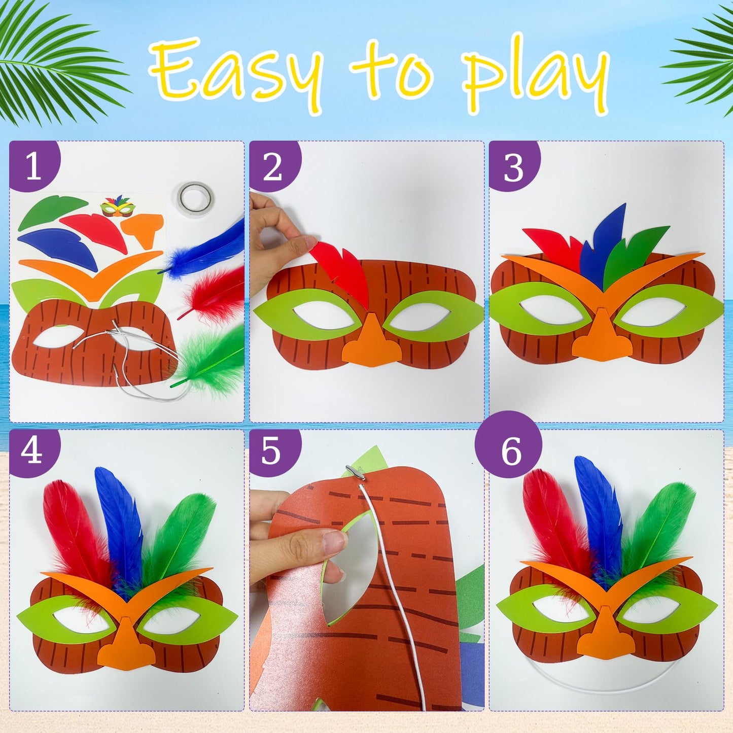 Cinrobiye 24 Pack Luau Party Crafts DIY Tropical Tiki Mask Craft Kit Bulk Hawaiian Summer Beach Party Favors Aloha Night Decorations Maui and Moana Arts and Crafts Dress-Up Supplies
