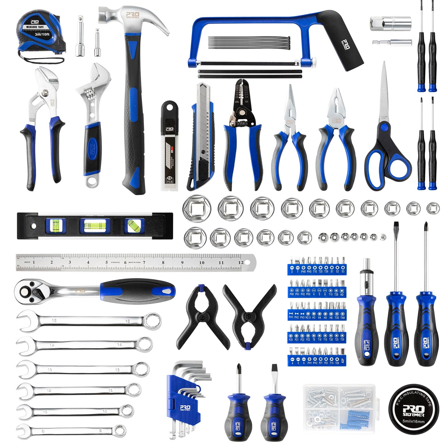 Prostormer 259-Piece Tool Kit, General Household Hand Tool Set with Plastic Storage Toolbox, Portable Complete Repair Tool Box for Home and Car (Blue)