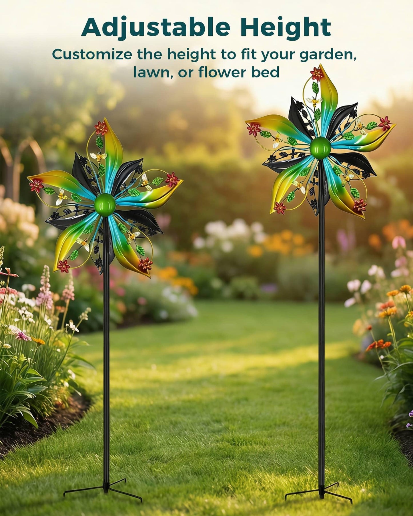 Gronhof Wind Spinners Outdoor,Kinetic Wind Sculptures & Spinners, 57" Double-Side Metal Wind Spinner for Yard and Garden, Lawn Art Decorations Flower & Bee