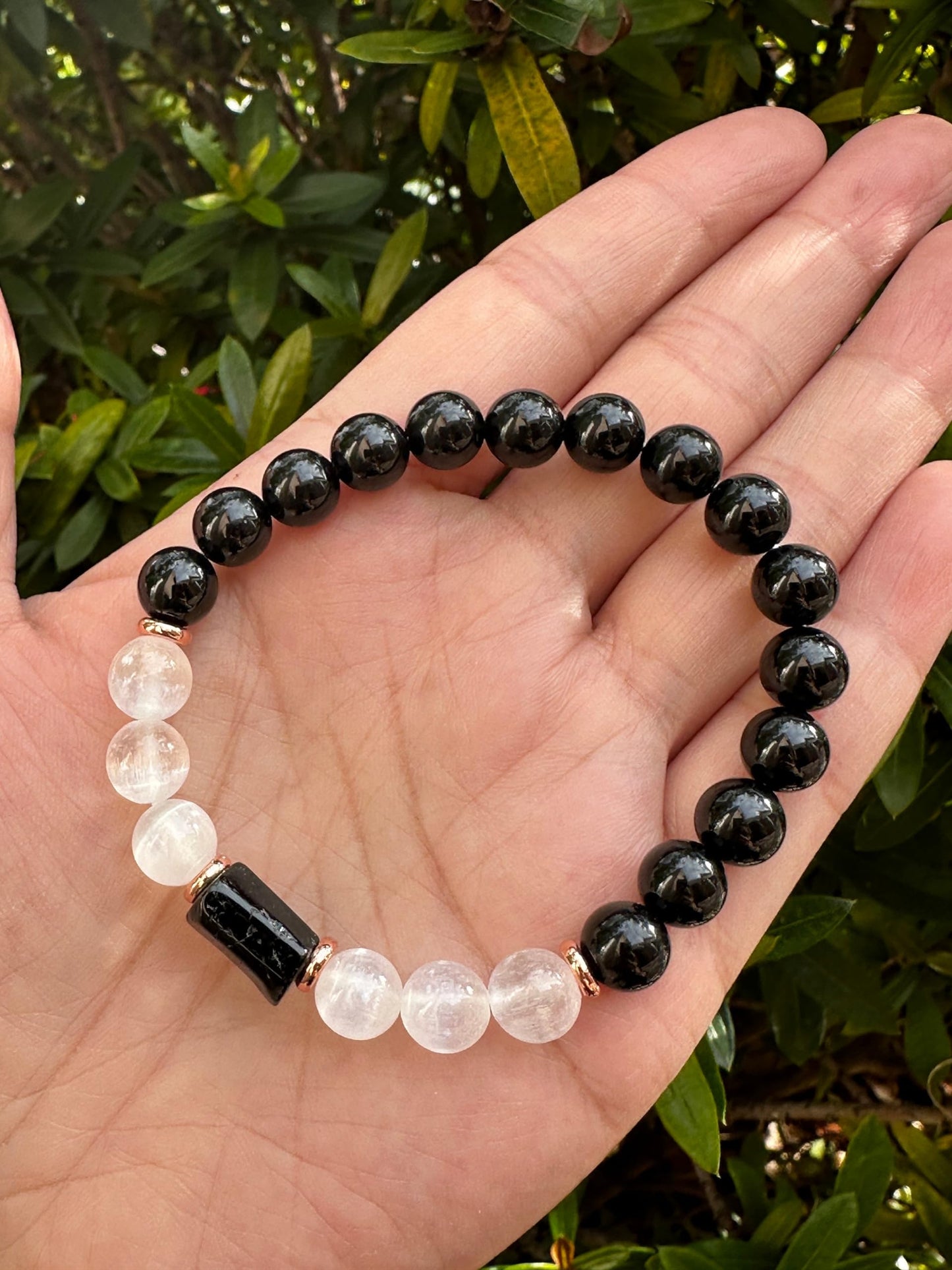 Black Tourmaline and Selenite Crystal Bead Bracelet 8mm, Genuine Black Tourmaline Cylinder with Copper Discs Stretch Gemstone Bracelet, Healing Crystal Bracelet, Gift for Men & Women (1)