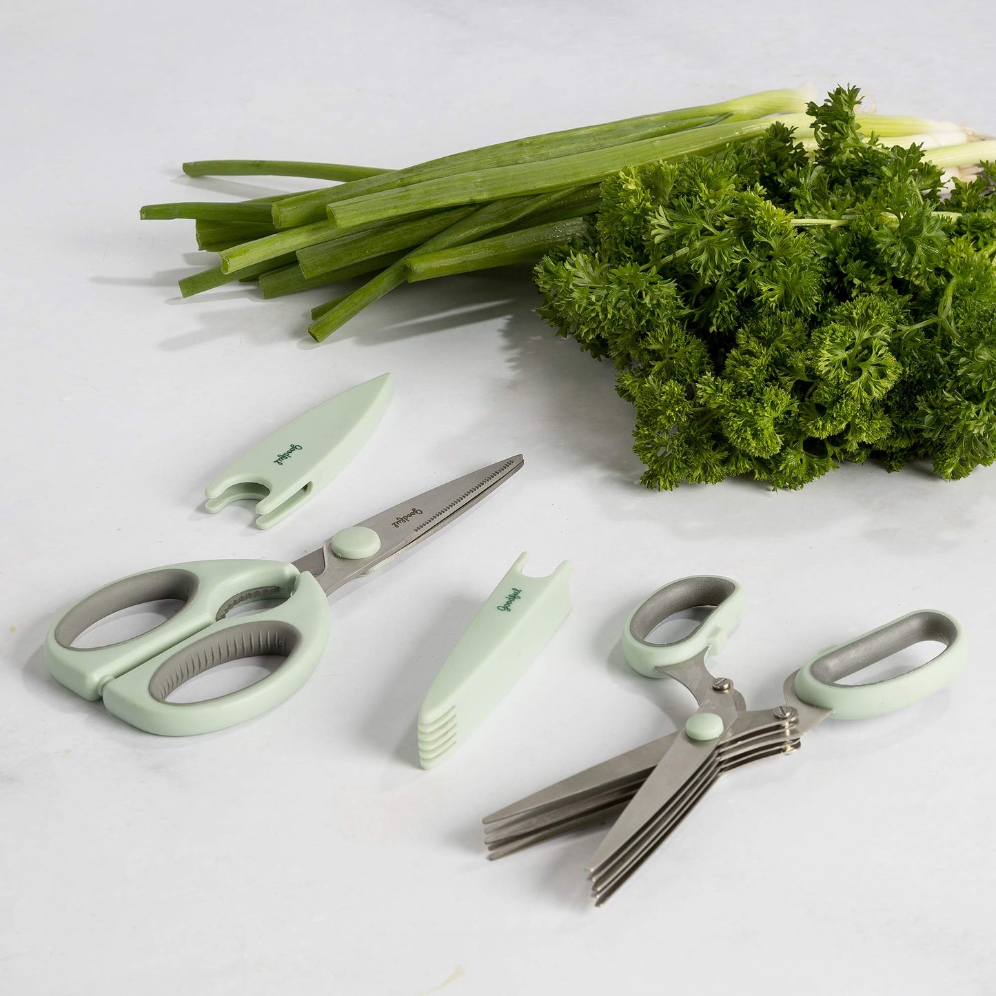Goodful Utility Kitchen Shear and 5-Blade Herb Shear Set, Premium Stainless Steel Blades with Protective Guards, Comfort Grip Handles, Built-in Herb Shear Cleaning Comb, 2-Piece Set, Sage Green