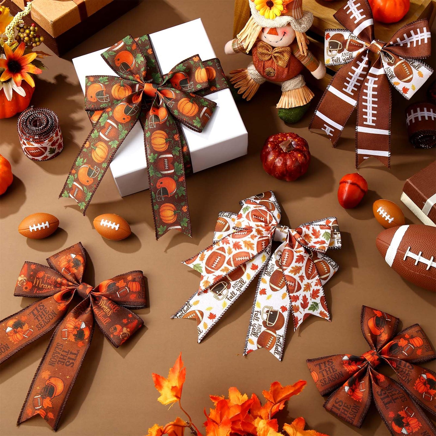 Juexica 6 Rolls Football Fall Wired Edge Ribbon 2 Inch x 30 Yards Brown Orange DIY Crafts Fabric Rustic Football Ribbons for Gift Wrapping Bows Party Wreath Floral Decoration Sewing Supplies