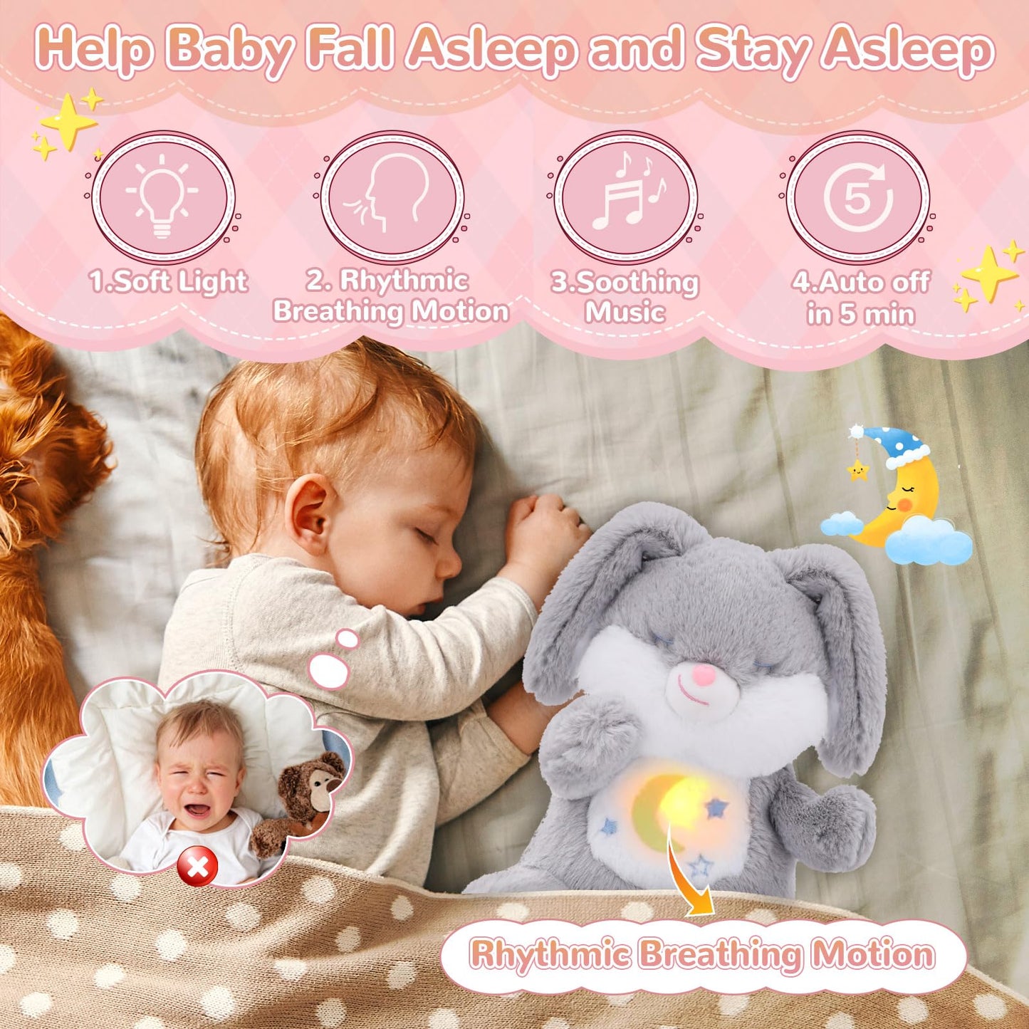 MILEGI Breathing Stuffed Animal, Soothe Snuggle Penguin & Bunny Plush, Sleep Buddy Soothing Breathing Plush for Anxiety Adults and Kids, Penguin Plushie with Realistic Breathing and Lights Music