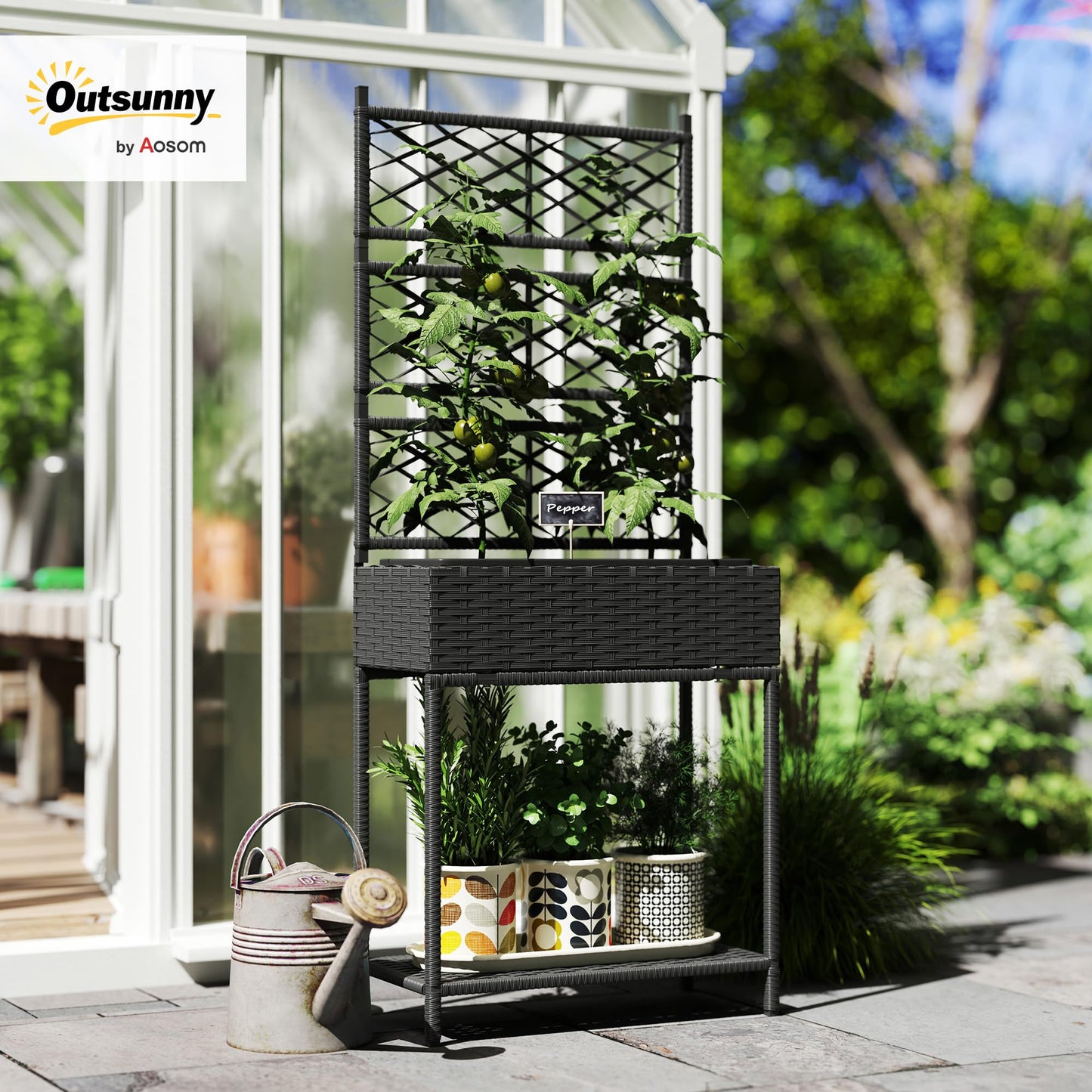 Outsunny Raised Garden Bed with Trellis, Outdoor Wicker Planter, Freestanding Rattan Planter Stand with Storage Shelf for Climbing Plants, Flowers, Herbs, Vegetables, Black