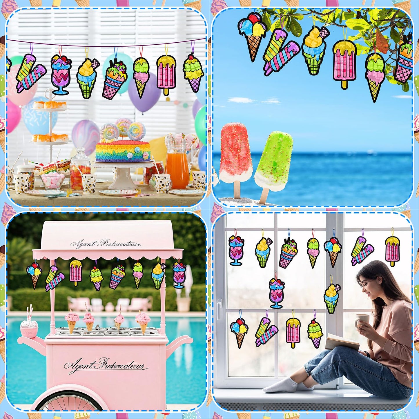 Eersida 32 Sets Summer Craft Set, Summer Ice Cream DIY Stained Glass Tissue Paper Kits SunCatcher Kits for Window Activities Art Home Boys Girls Birthday Party Decorations Favors Gift