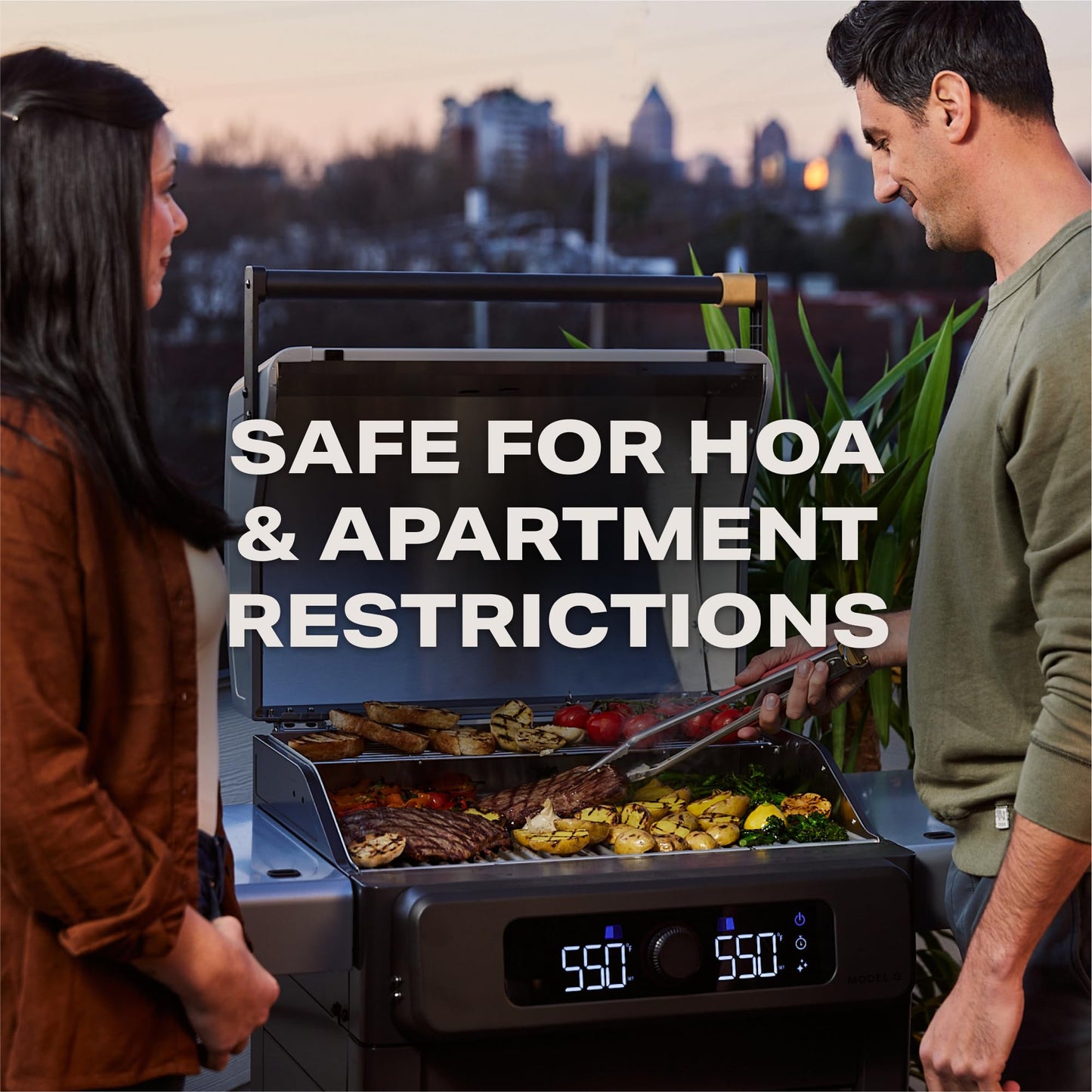 Current Model G Dual Zone Grill, Smart Electric Outdoor Grill with 200-700°F Range for Searing & Roasting, Digital Precision, Independent Heat Zones, Apartment-Friendly & Weather-Resistant, Moon Dust