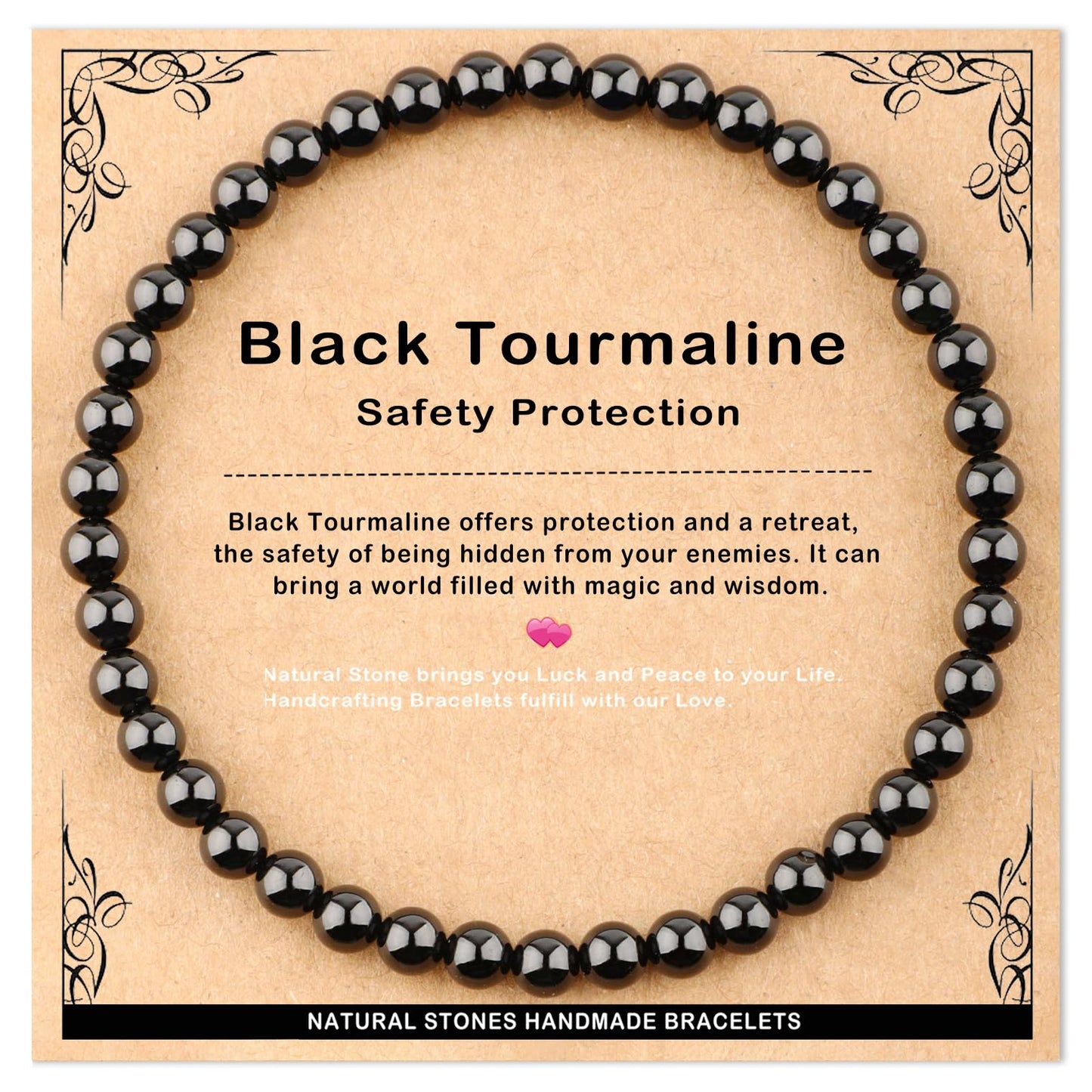 AD Beads 4mm Handmade Black Tourmaline Elastic Bracelet – Natural Gemstone for Safety Protection – Meditation, Yoga, Healing and Energy Gift for Men Women