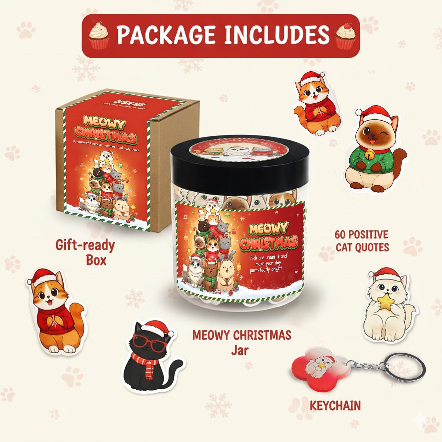 Meowy Christmas Jar with 60 Positive Cat Affirmation Cards, Gifts for People Who Love Cats, Cat Gifts for Women, Teens, Friends, Sisters, Emotional Support Cats, Christmas Gift Ideas Stocking Stuffers