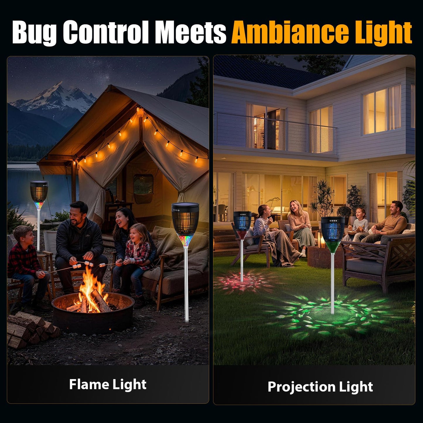 Rossetta Solar Bug Zapper Outdoor, Mosquito Zapper with Flame Lamp & Projector Light, 4200V Electric Fly Zapper Waterproof Rechargeable Mosquito Killer, Cordless Fly Trap for Patio, Backyard, Garden