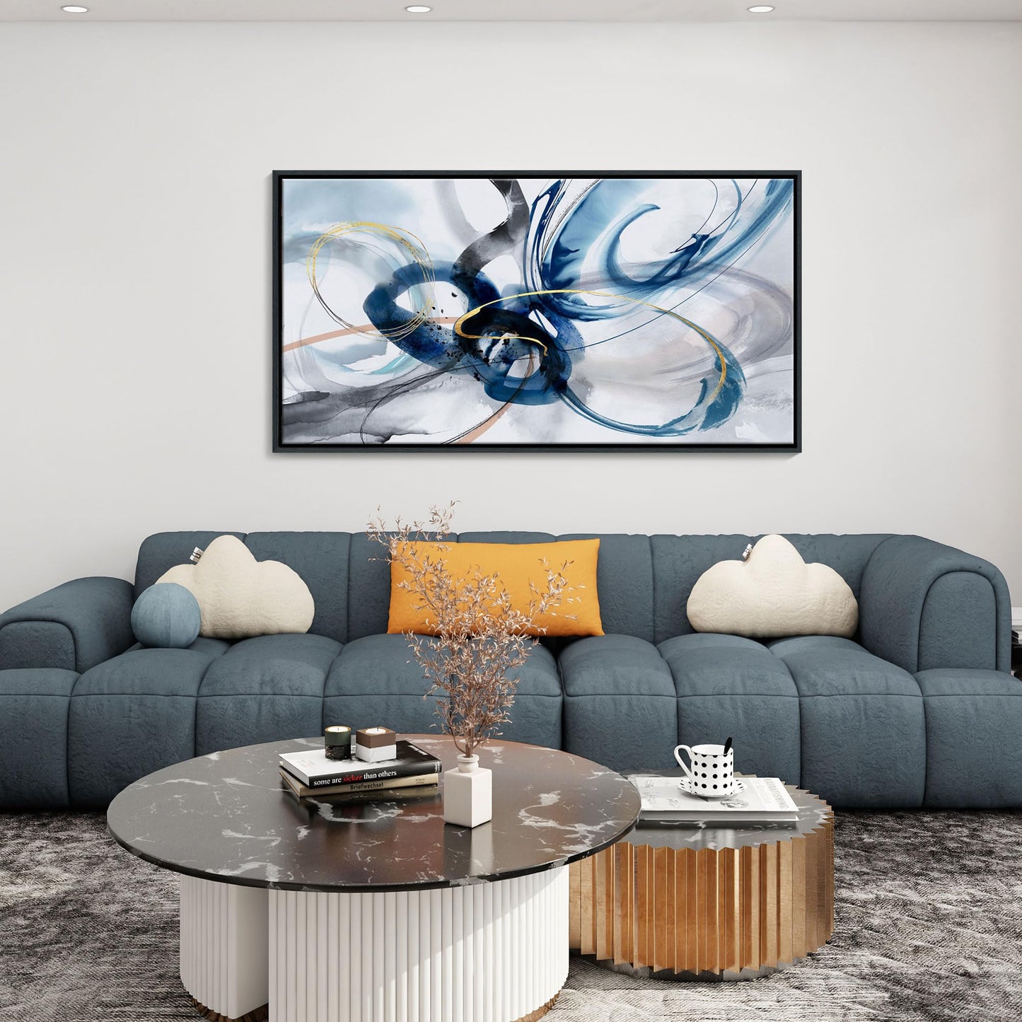 KLAKLA Modern Abstract Canvas Wall Art - Frame Wall Decor Living Room Picture Artwork for Office Bedroom Blue and White Decorative Paintings