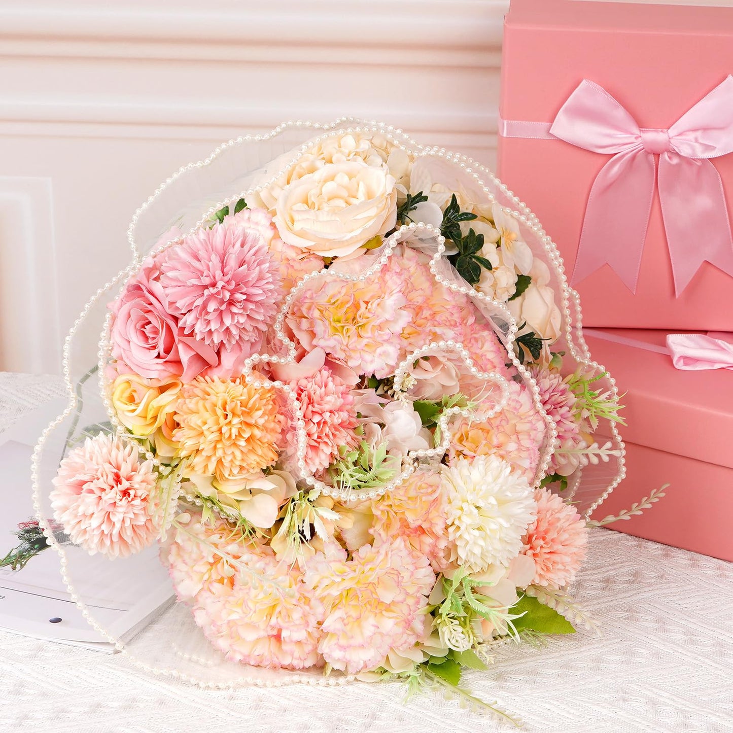 FACULX 3 Pcs Flower Wrapping Mesh for Bouquet Wrapping Paper 4 Yards Mother's Day Pearl Edge Flower Wrapping Paper for Thanks Wedding Anniversary Birthday Florist Supplies (White Pink Lightpink)