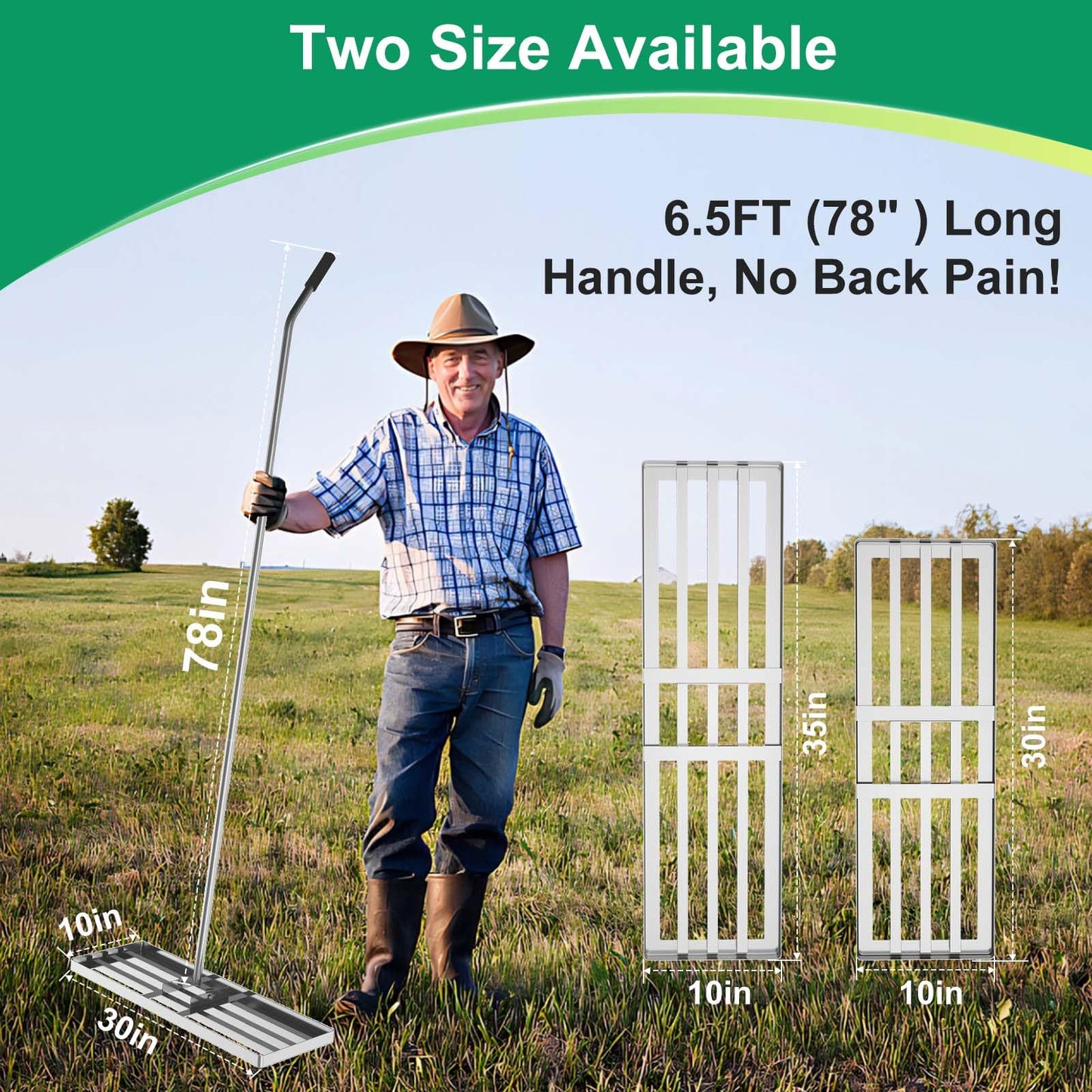 PMKBVI 30"x10" Lawn Leveling Rake, Heavy Duty 304 Stainless Steel Lawn Leveler w/ 6.5ft Ergonomic Handle, Effort Saving Soil Tool for Dirt, Sand, Compost, Topdressing & Garden