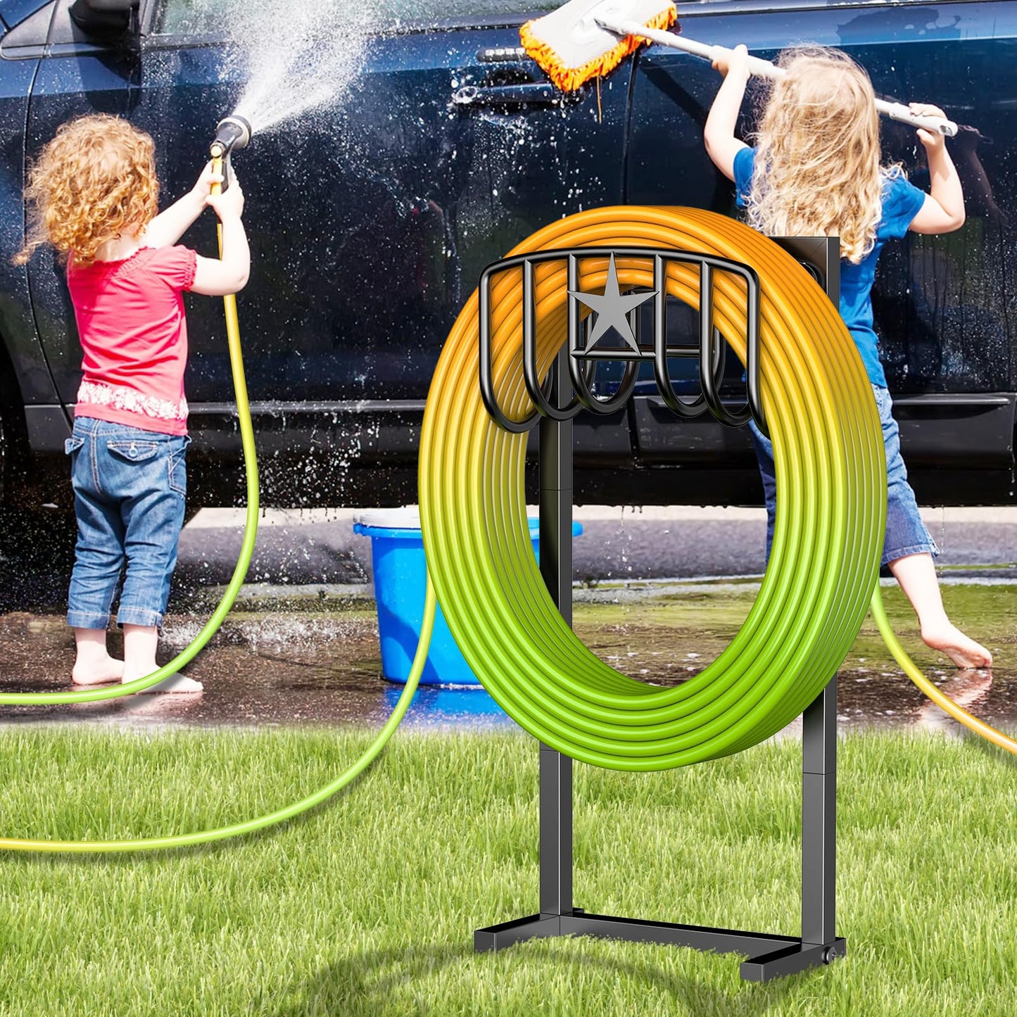 Mogaath Garden Hose Holder, Heavy Duty Freestanding Metal Stand, 165FT Garden Hose Storage with 4-Spike Stable Base, Rustproof Water Hose Holder for Outdoor Yard Lawn Garden Black