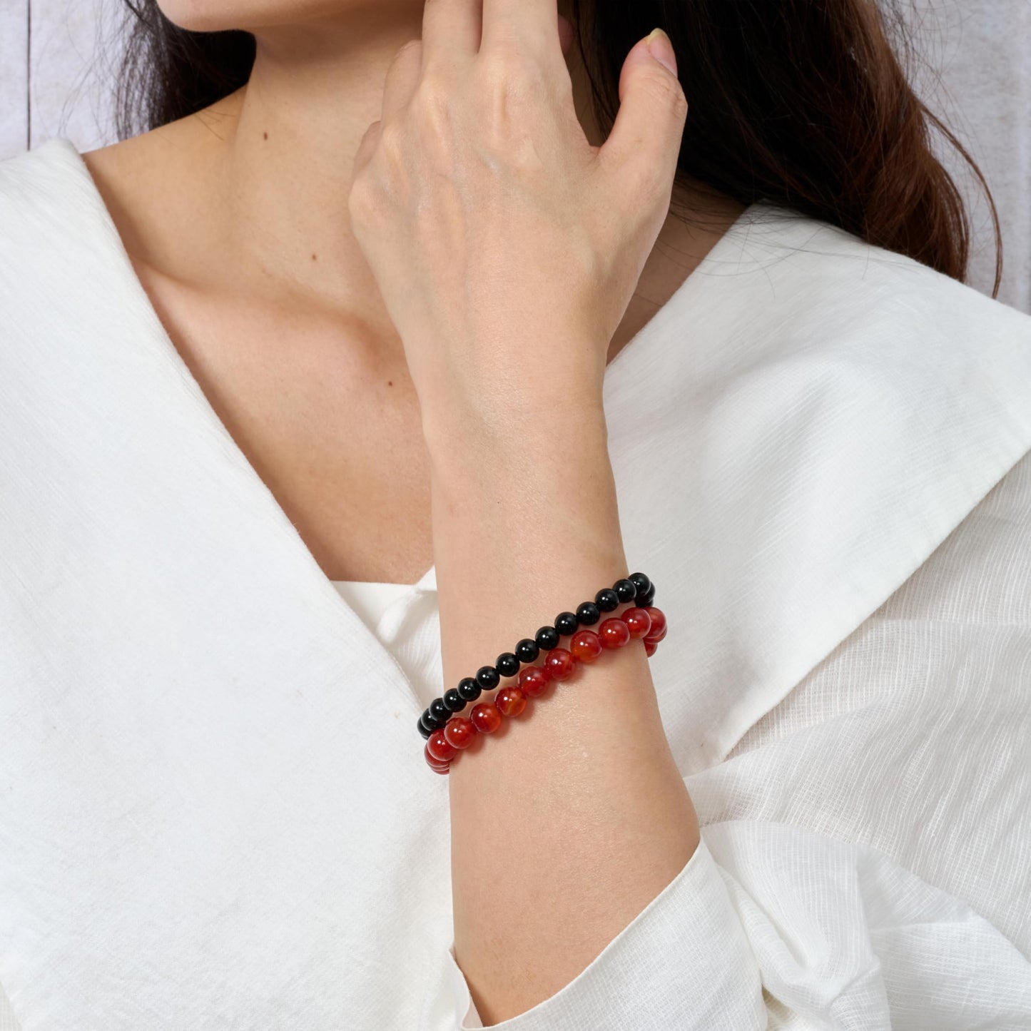 Bivei 2-Piece 8mm Beaded Bracelets for Women – Black Onyx, Carnelian – Handmade Natural Crystal Stretch Elastic Jewelry for Meditation, Yoga, Protection Gifts