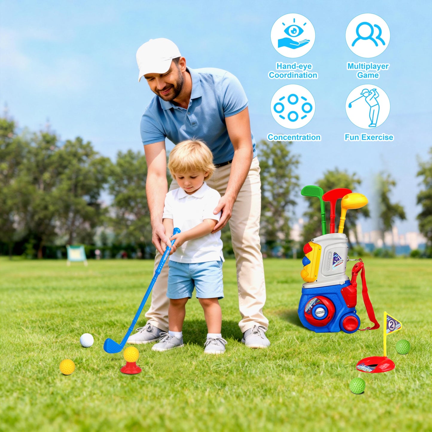 LPFG Toddler Golf Set, Kids Golf Set for Ages 1 2 3 4 5 Years Old Boys Girls with 4 Plastic Golf Clubs 10 Balls, Indoor Outdoor Baby Toddler Golf Clubs Set Toy with Cart Birthday Gifts Blue