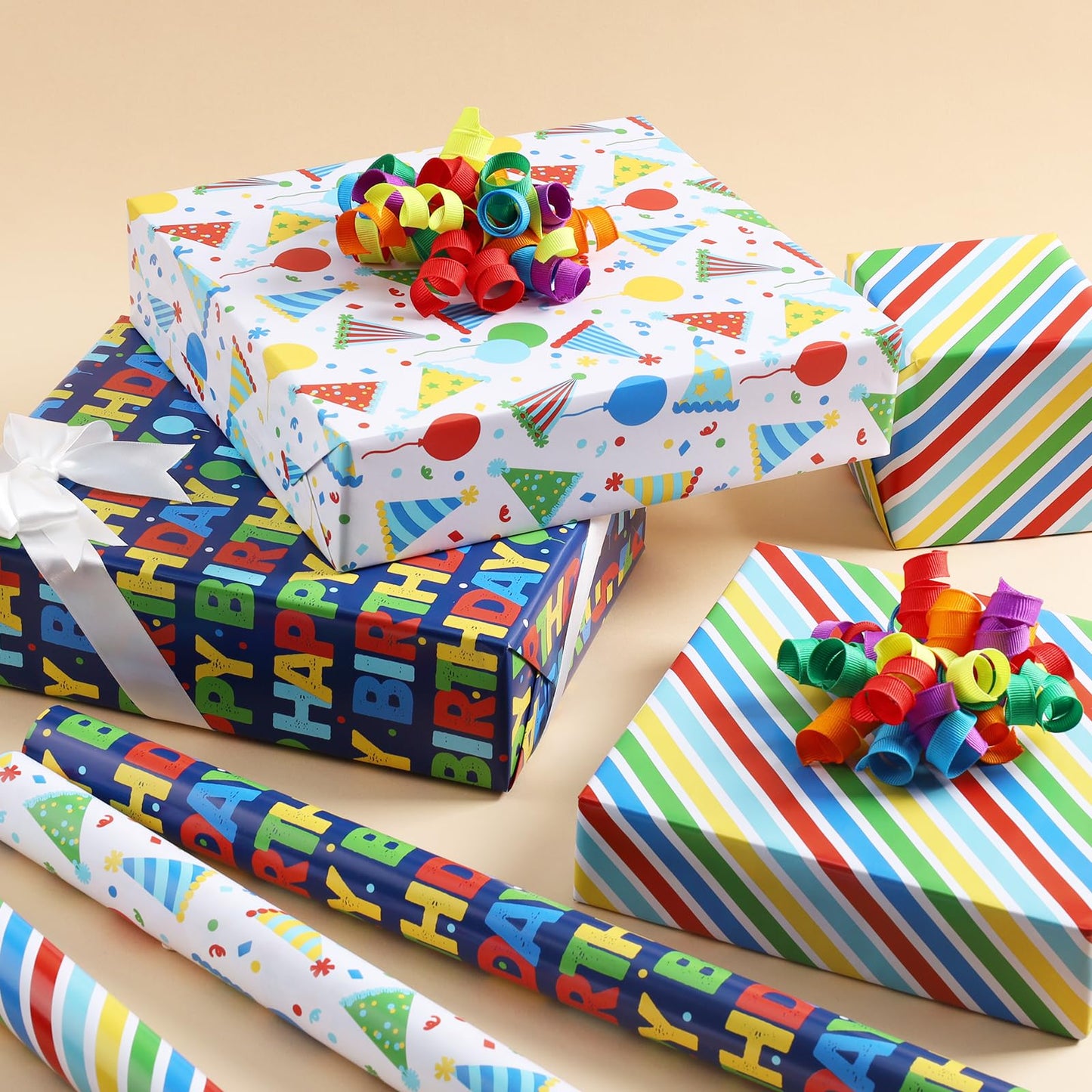 BIOBROWN Birthday Wrapping Paper, Colorful Gift Wrap with Text Happy Birthday Balloon Stripes Design for Kids, 17 inch X 120 inch Per Roll
