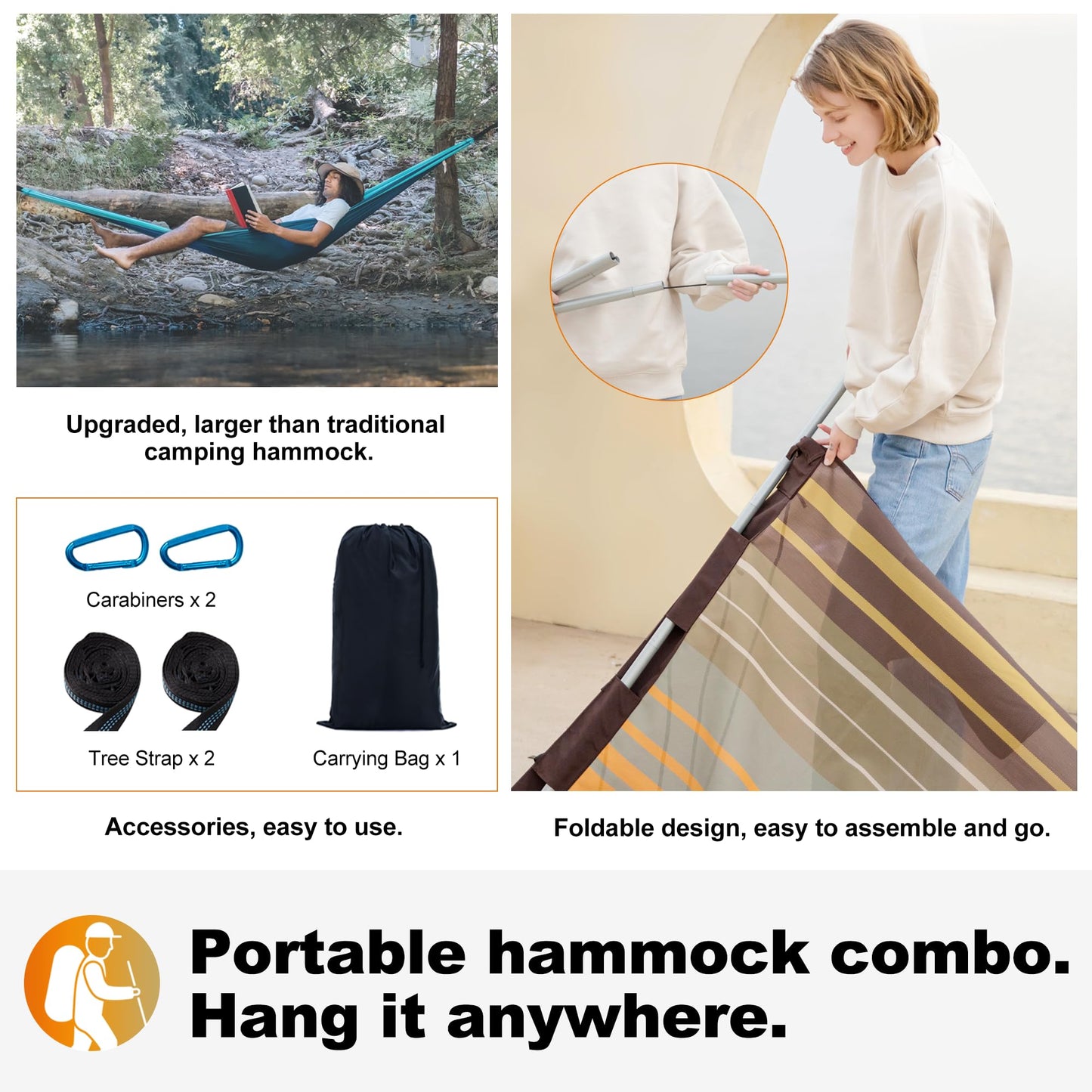 GAFETE 14ft 2 Person Hammock for Outside, Quick Dry Textilene, Portable Hammocks Without Stand with Folding Steel Spreader Bar, Carrying Bag, Tree Straps, Pillow & Sidebag, 550 lbs Capacity (Coffee)