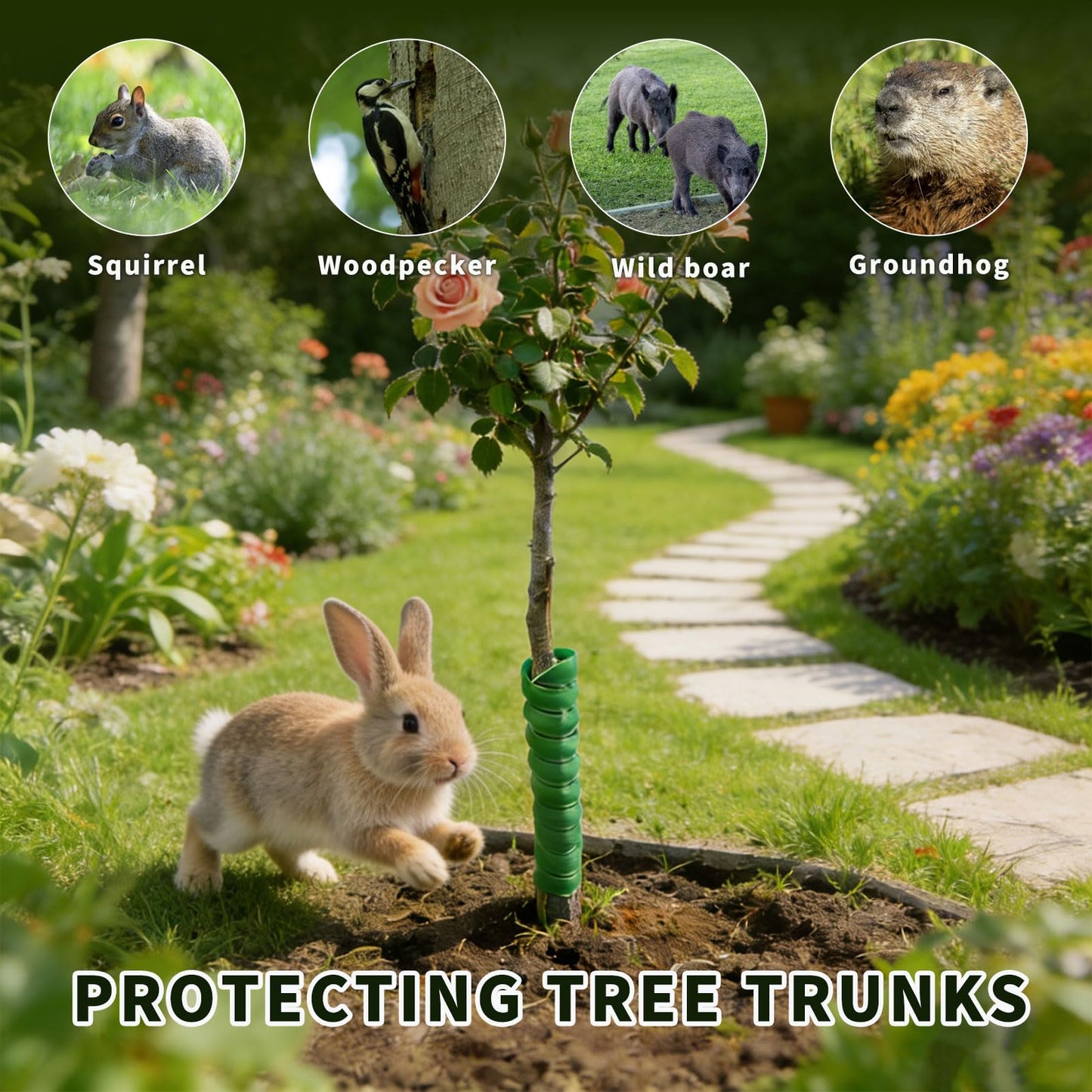 Spiral Tree Guards, 4 Pack, 2 Sizes (4x40cm & 5x40cm), Flexible Tree Protector Wrap for Young Saplings, Trunk Protection from Animals, Weather, and Lawnmower Damage