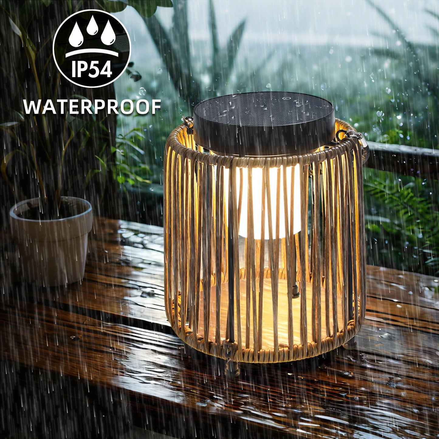 BRIMMEL Solar Lanterns Outdoor Waterproof IP54, Handwoven Wicker Outdoor Table Lamps Portable Rechargeable with 30H+ Runtime, Dual USB-C/Solar Charging Hanging Lantern, 3 Brightness Levels