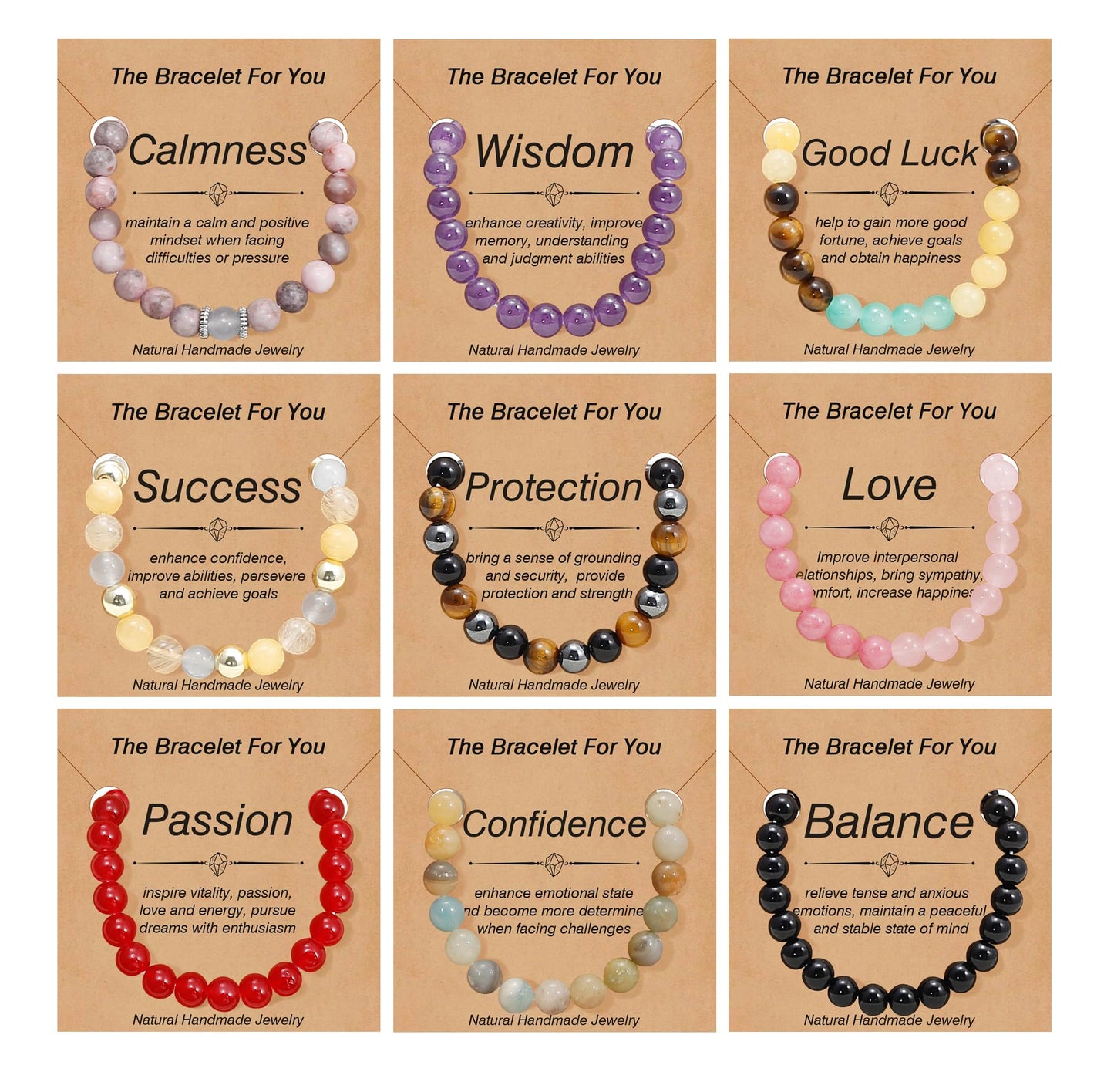 BOMAIL 9 PCS Healing Crystal Bracelets for Women 8 MM Natural Stone Beaded Bracelet Protection Anxiety Spiritual Stretch Bracelet for Women Men
